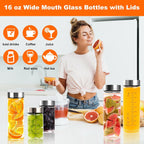 Glass Juice Bottles 6 Pack 12 oz - Wide Mouth Glass Water Bottles with Lids - for Juicing, Protein, Smoothie, Milk, Reusable, BPA Free, Stainless Steel Lids, Blender, Shaker Bottle (12oz/400ml)