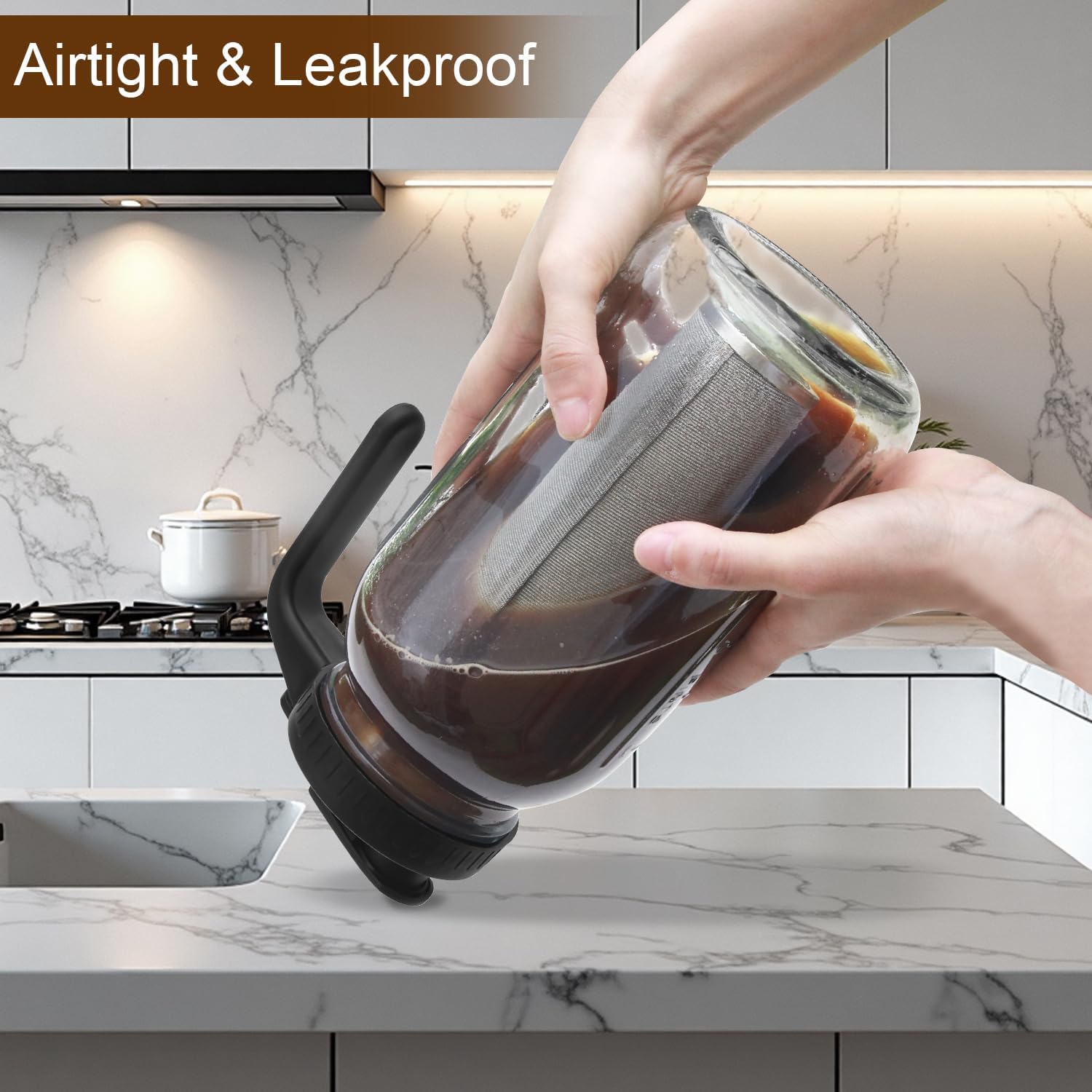 Cold Brew Coffee Maker Pitcher, 64oz Iced Coffee Tea Pitcher for Fridge with Stainless Steel Filter, 1/2 Gallon Glass Mason Jar Cold Brew Maker with Pour Spout Lid, Drying Mat, 2 Brushes, Leak-Proof