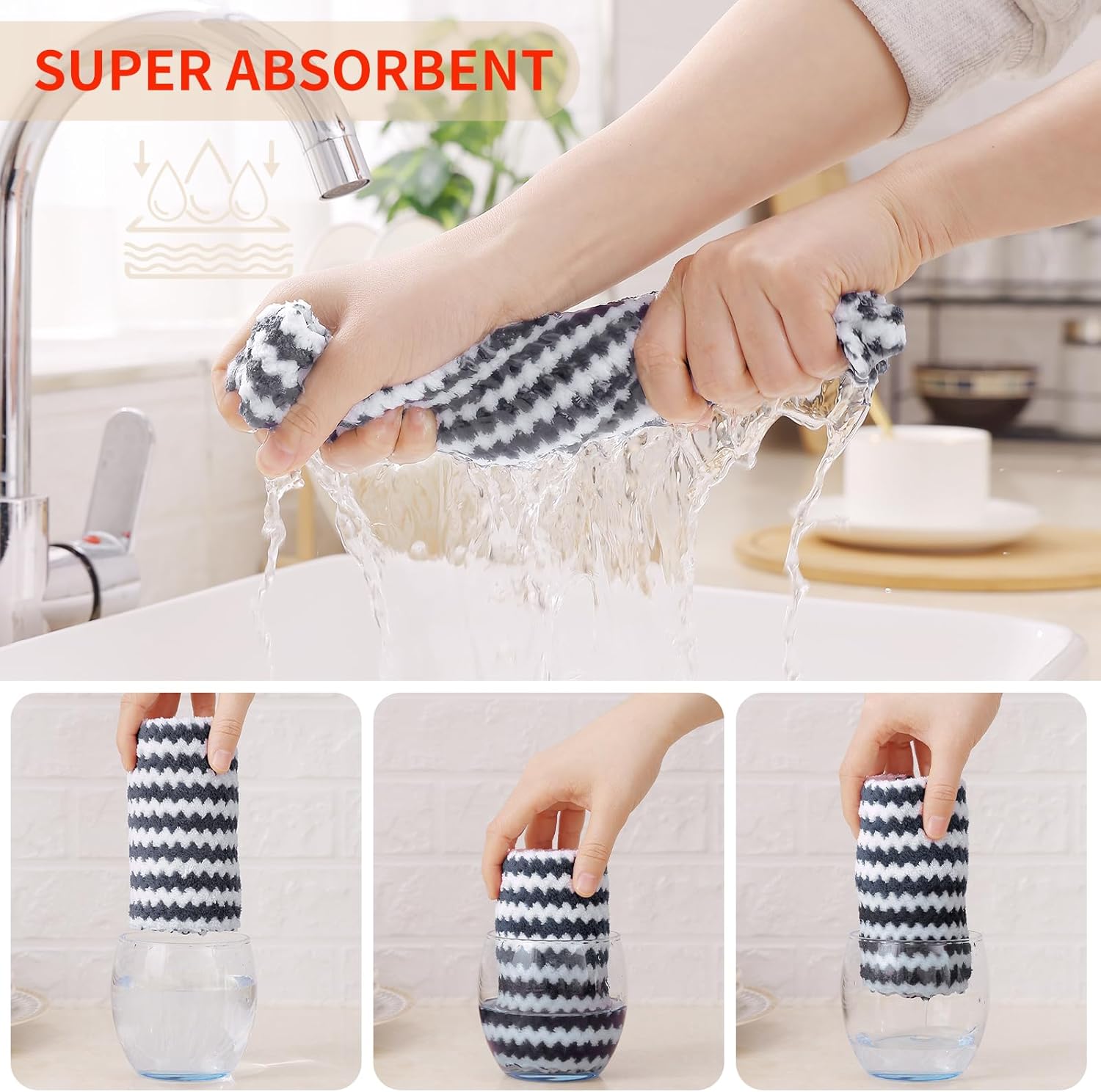 Homaxy 12 Pack Kitchen Dish Cloths, Ultra Soft and Absorbent Dish Towels, Reusable Fast Drying Microfiber Cleaning Cloth, Coral Velvet Wave Design No-lint, 10 x 10 inches, Dark Grey