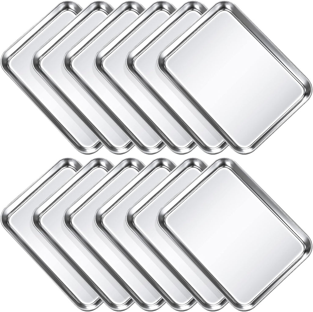 12 Pcs Baking Sheet Pan Set 9 x 6.7 x 1 Inches Cookie Sheet Small Toaster Oven Pans Stainless Steel Tray Barbecue Grill Pan Rectangle Trays Oven, Non-stick, Easy Clean