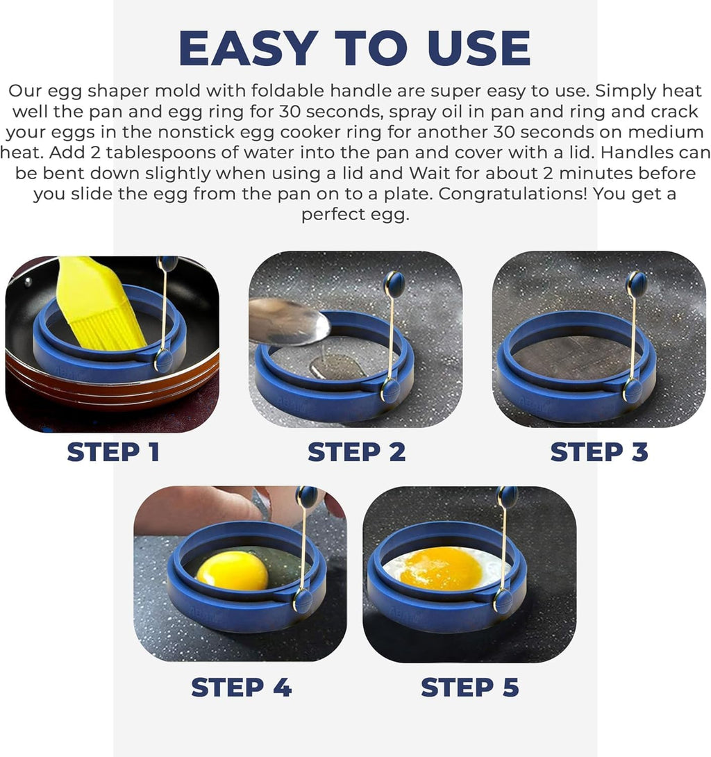 Professional 4 Inch Silicone Egg Ring, Pancake Mold Egg for Breakfast Sandwiches, Omelets and More, Nonstick Mold Ring, Round Blue (Pack of 2), Free e-Book by Abam (Blue & Red)