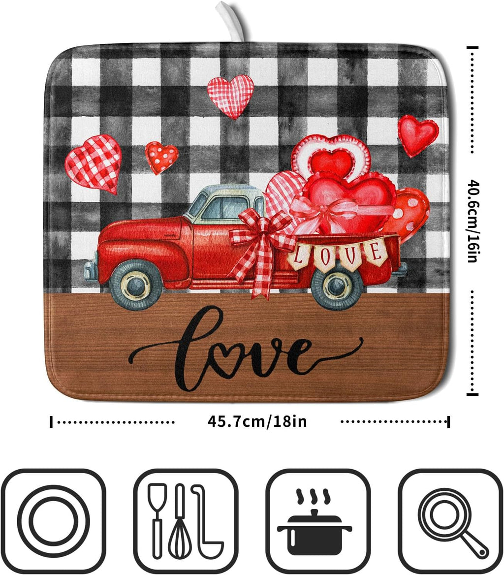 Valentine's Day Red Heart Truck Dish Drying Mat for Kitchen Counter,Black White Buffalo Plaid Love Drying Mat 16 x 18 Inch with Absorbent Reversible Microfiber Dish Drying Pad for Coffee Bar
