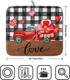 Valentine's Day Red Heart Truck Dish Drying Mat for Kitchen Counter,Black White Buffalo Plaid Love Drying Mat 16 x 18 Inch with Absorbent Reversible Microfiber Dish Drying Pad for Coffee Bar
