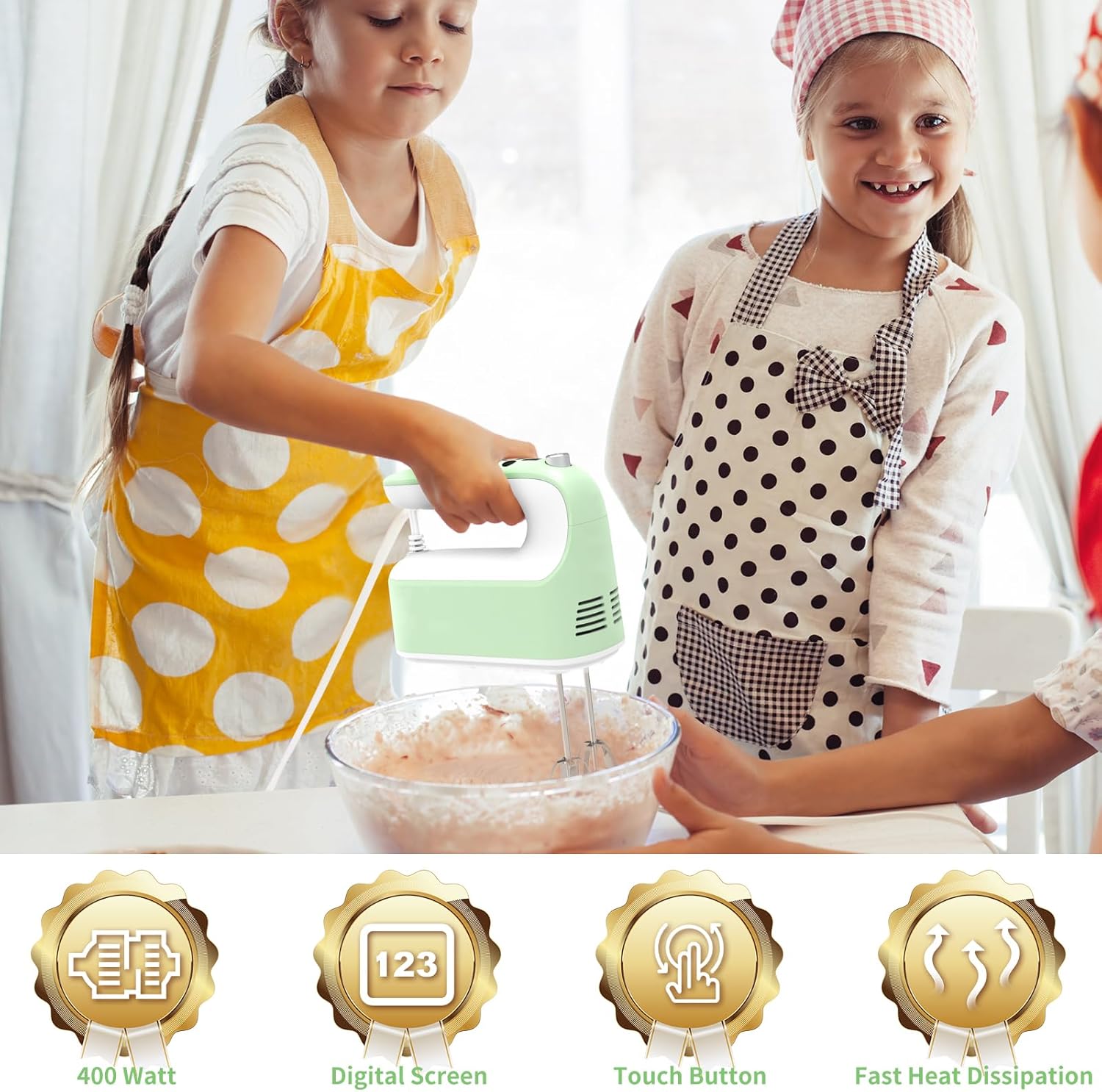 CBQ Hand Mixer Electric, 9 Speed 400W Handheld Mixer with Digital, Touch Button, Turbo, Snop-On Storage Case, 5 Stainless Steel Accessories, Mixer Electric Handheld for Cake, Cookie, Egg (Grass Green)