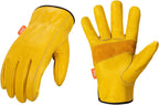 Vgo... 1-Pair Unlined Cow Grain Leather Work and Driver Gloves with Cow Split Leather Palm Patch (Size L, Gold,CA9590)