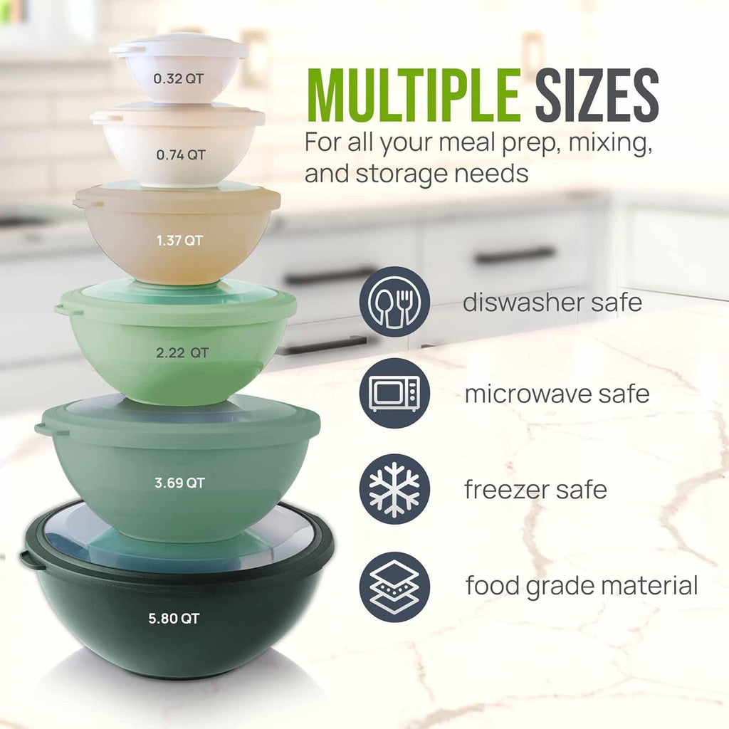Zulay Kitchen 12 Piece Plastic Mixing Bowls with Leak-Proof Lids Set - Microwave and Freezer Safe Kitchen Mixing Bowls for Preparing, Serving and Storing - Large Nesting Bowls (Forest Ombre)