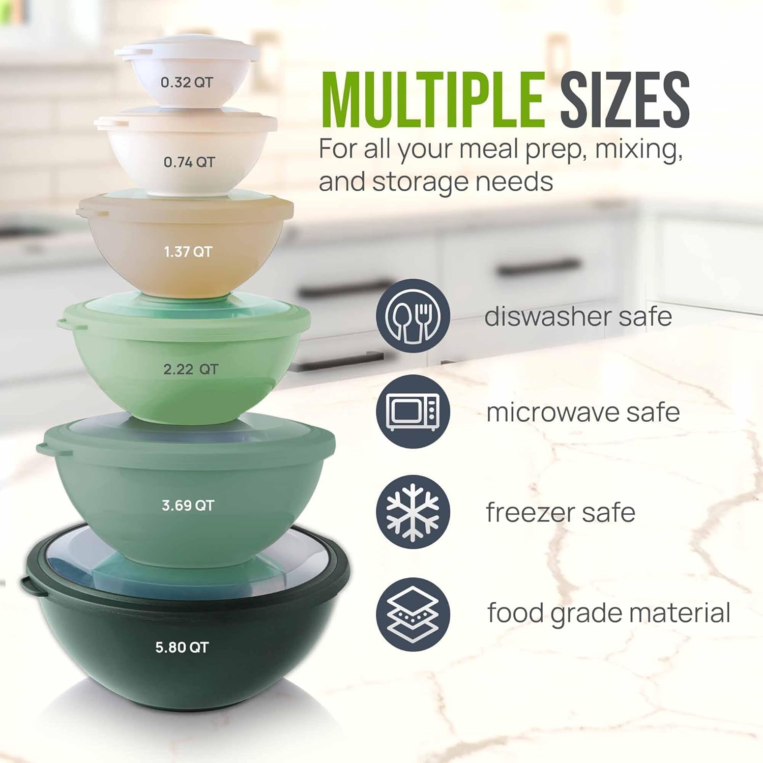 Zulay Kitchen 12 Piece Plastic Mixing Bowls with Leak-Proof Lids Set - Microwave and Freezer Safe Kitchen Mixing Bowls for Preparing, Serving and Storing - Large Nesting Bowls (Forest Ombre)
