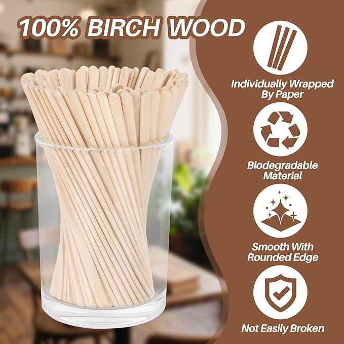 MAQIHAN 250PCS Individually Wrapped Wooden Coffee Stirrers - 5.5 Inch Biodegradable Beverage Stir Sticks for Hot & Cold Drinks, Eco-Friendly Disposable Coffee Sticks for Office, Home, Café