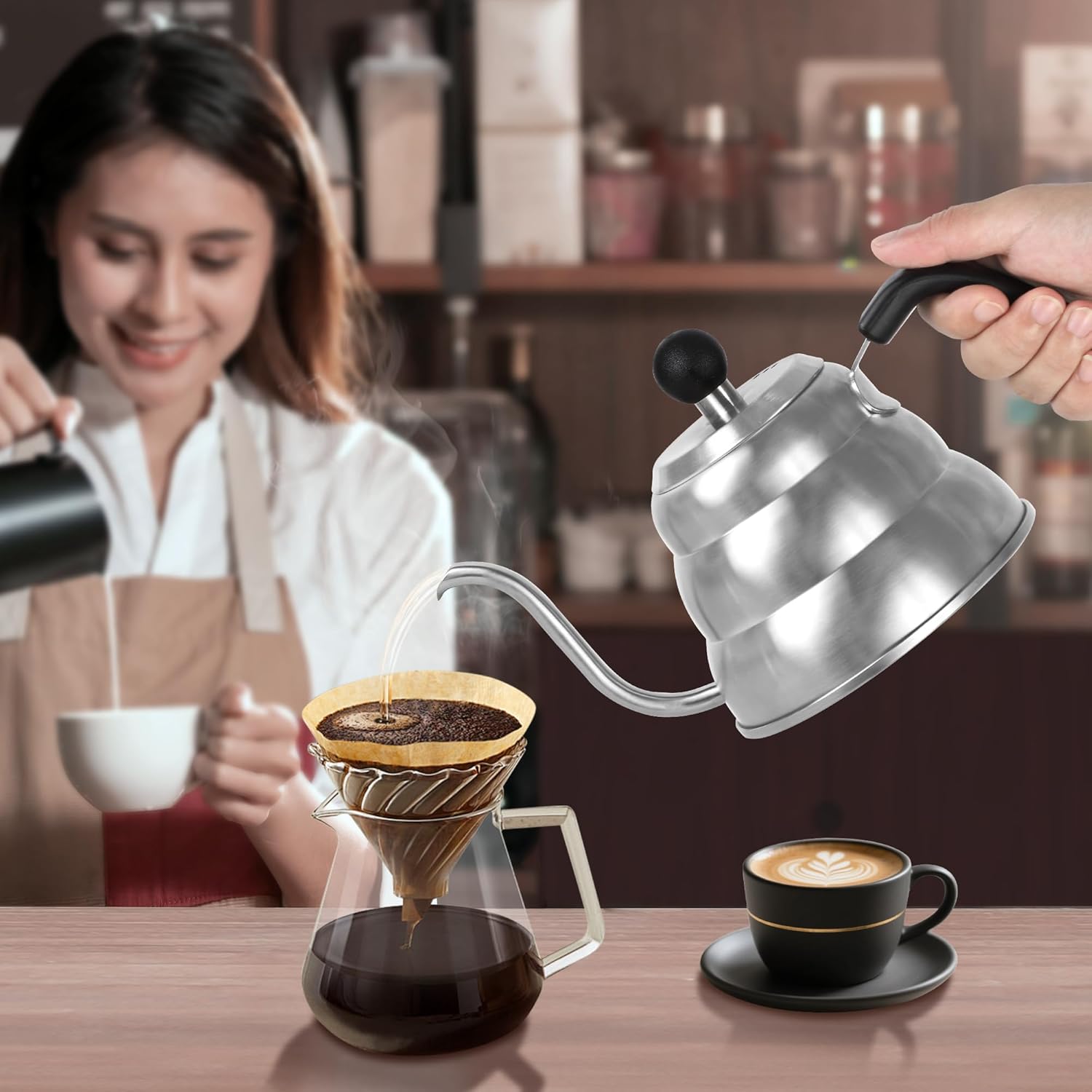 Stainless Steel Tea Kettle 800ml W/O Thermometer Gooseneck Kettle for Stovetop Pour Over Coffee Kettle Precision Pour Drip Spout Tea Pot 28oz,4 Cup,Silver,1Pack