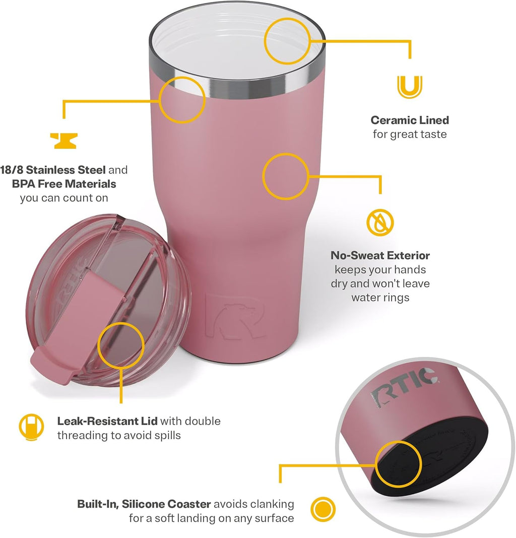 RTIC 30oz Essential Tumbler with Lid, Insulated, Stainless Steel, Metal, Double Wall Vacuum-Insulation, Ceramic Lined, Travel Cup for Iced Coffee, Tea, Hot and Cold Drink, Dusty Rose