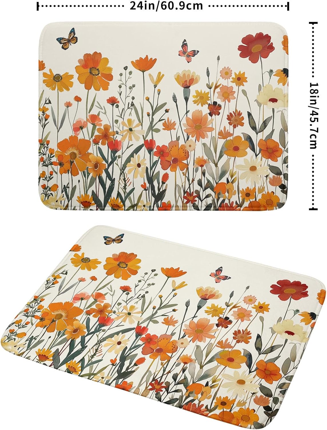 Fall Orange Wildflower Dish Drying Mat for Kitchen Counter,Autumn Floral Butterflies Drying Mat 18 x 24 Inch with Absorbent Reversible Microfiber Dish Drying Pad Dish Pad for Coffee Bar