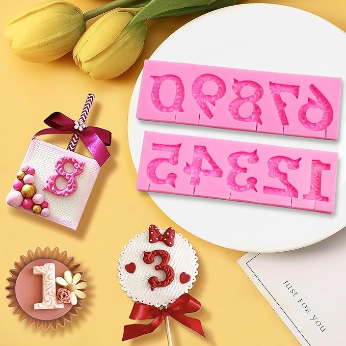 Silicone Fondant Molds, AIMEIKI 2 Pack 3D Silicone Number 0-9 Embossed Fondant Chocolate Baking Molds for Decorating Birthday Cake Candy Chocolate DIY Craft Projects