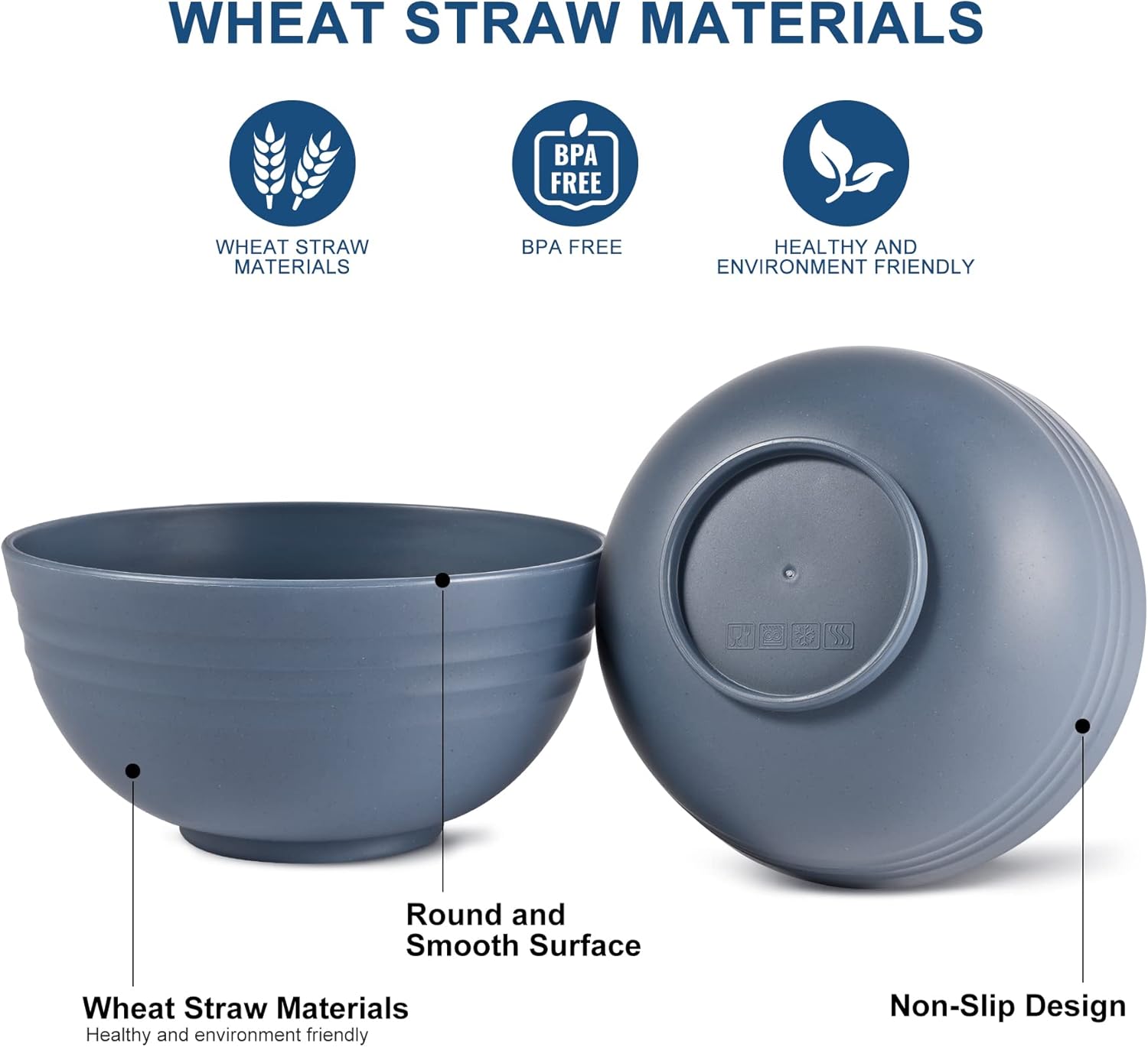 HOTEC BPA Free Unbreakable Wheat Straw Cereal Bowls - Microwave & Dishwasher Safe Soup and Salad Bowls, Set of 8, 26oz, Classic Blue