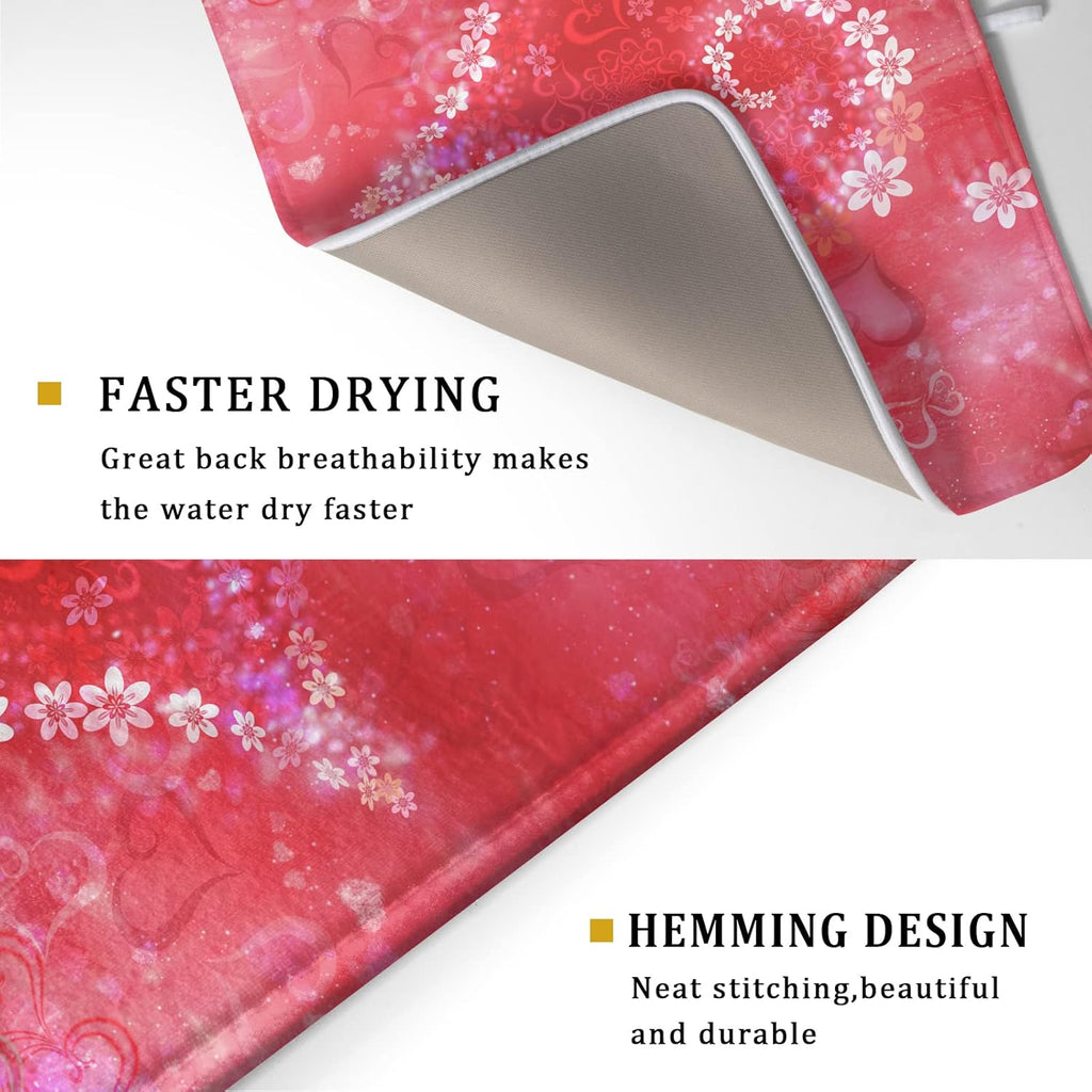 Valentines Day Dish Drying Mat for Kitchen Counter Red Heart Flower Decor Drying Mat 18 x 24 Inch with Absorbent Reversible Microfiber Dish Drying Pad Dish Rack Drainer Mat for Coffee Bar