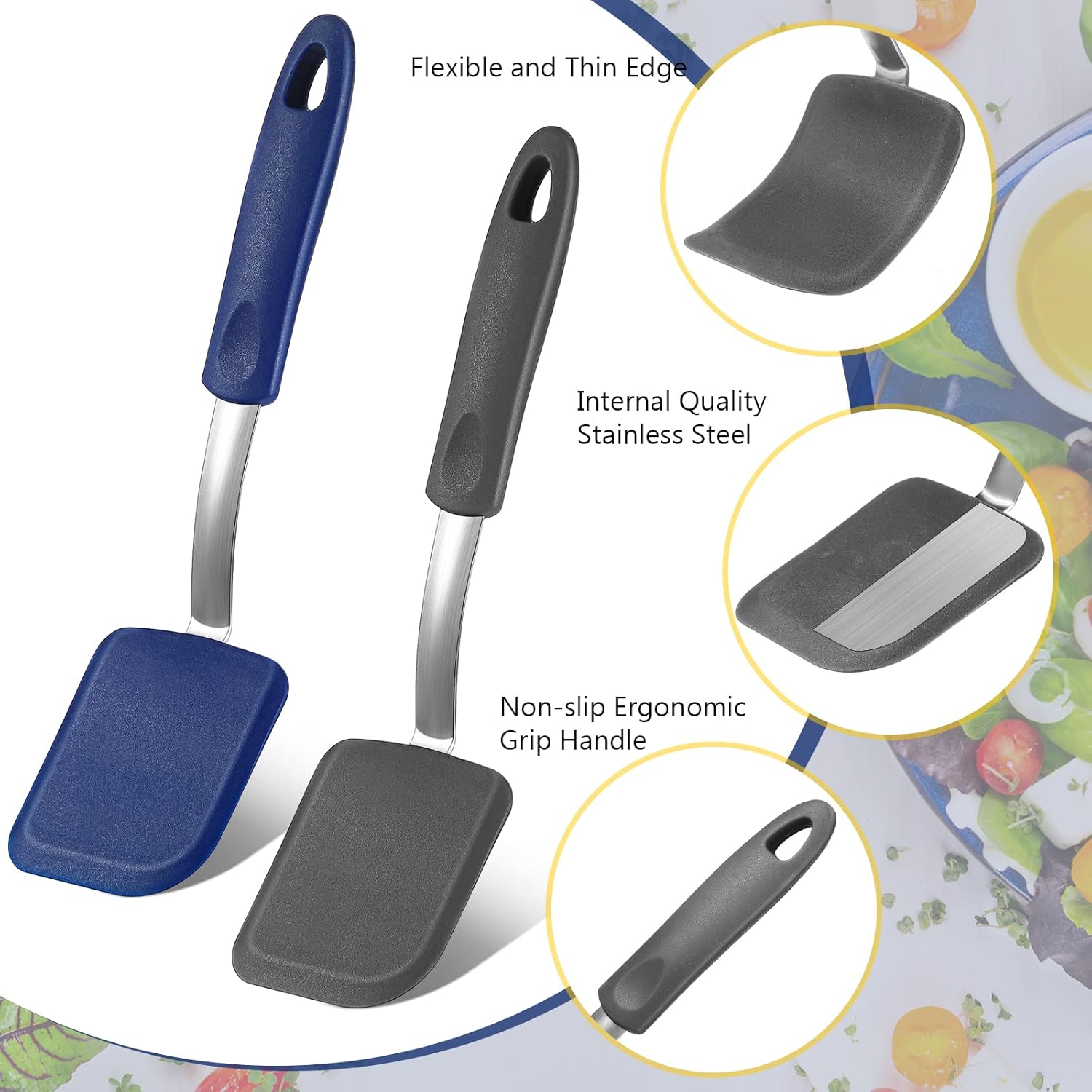 Silicone Cookie Spatula Turner 2 Pack Mini Brownie Spatula Flexible Kitchen Small Silicone Turner for Nonstick Cookware Heat Resistant No Scratch Flipper for Egg Pancake(Gray, Blue)