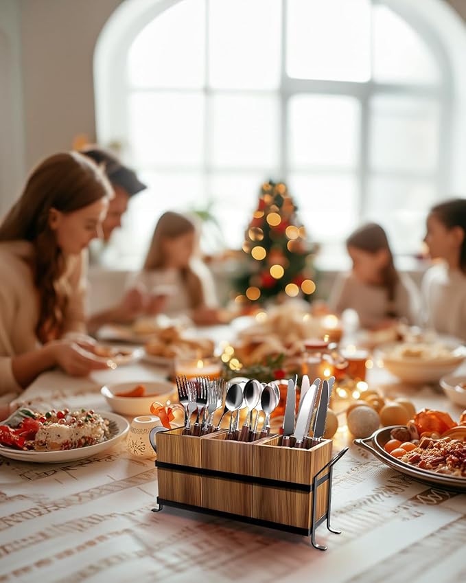 Utensil Holder for Party - Silverware Caddy with Three Compartments, Detachable, Portable Handle, Stylish Cutlery Holder for Countertop and Outdoor Use