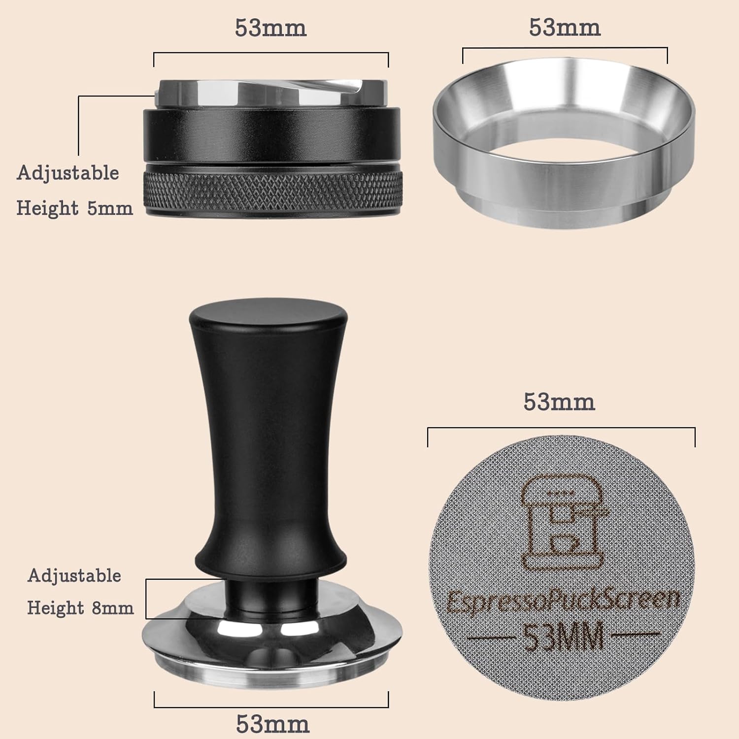 53mm Espresso Tamper Set - Spring-loaded Coffee Tamper, Adjustable Depth Espresso Distributor Leveler, Magnetic Dosing Funnel Aluminum Metal, Reusable Puck Screen, Fit for 53mm Portafilters