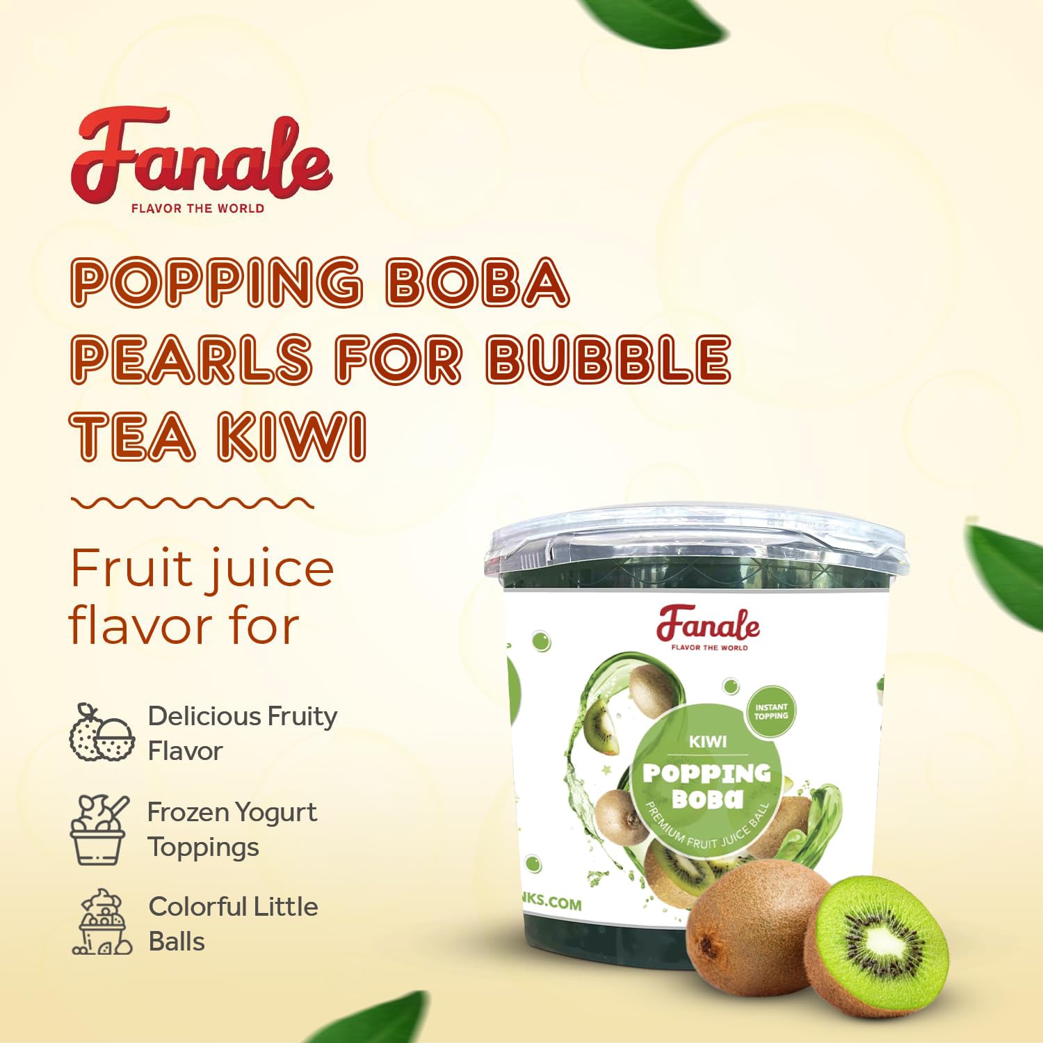Fanale Kiwi Popping Boba Pearls, Vegan, Non GMO, Gluten Free, Fat Free, Perfect for Bubble Tea, Smoothies, Ice Cream, Desserts, and Beverages.