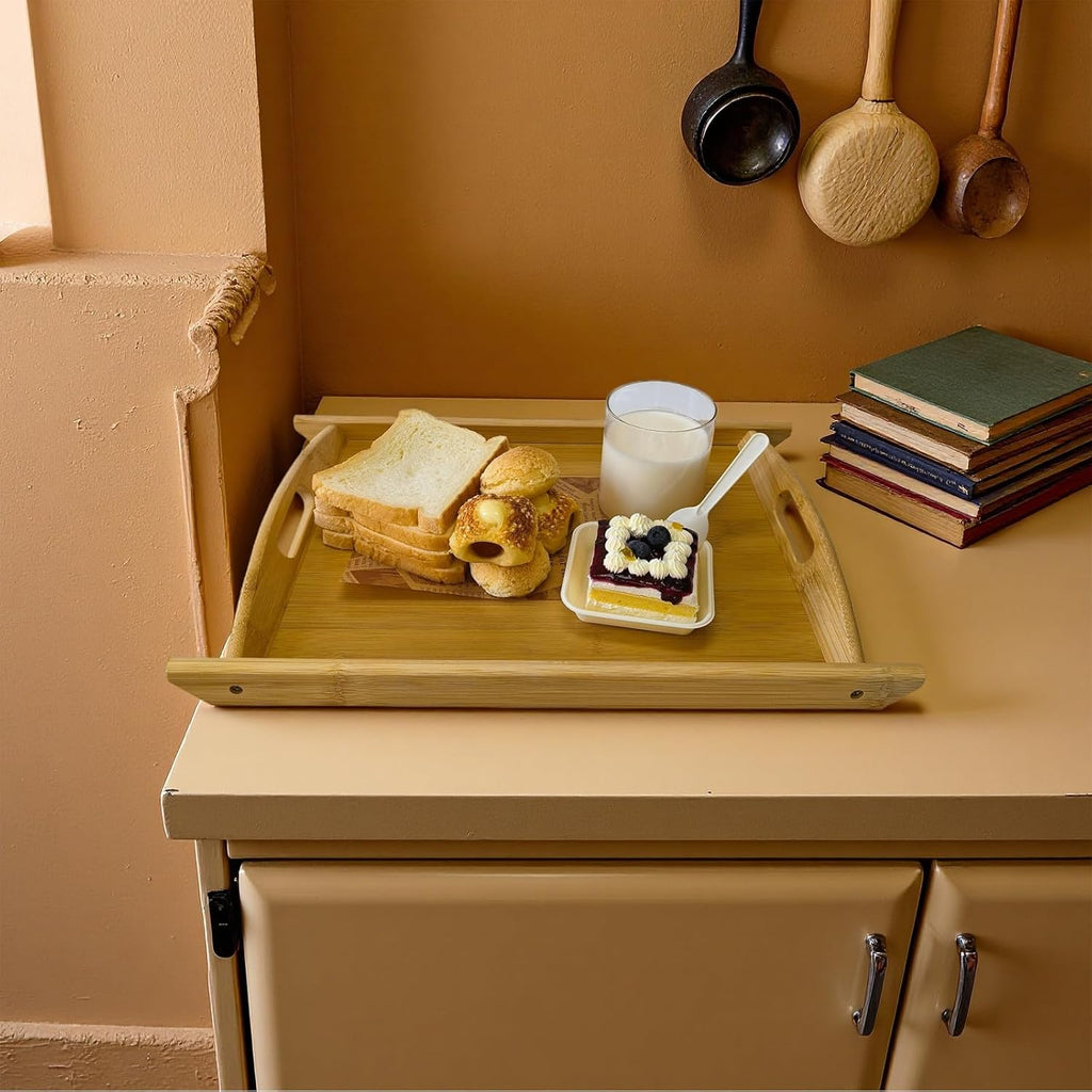 Bamboo Serving Tray Rectangle Platter Breakfast Dinner Food Bed Tray for Eating Kitchen Restaurants (1, 17.3" x 11.8" x 1.2" (with Handle))