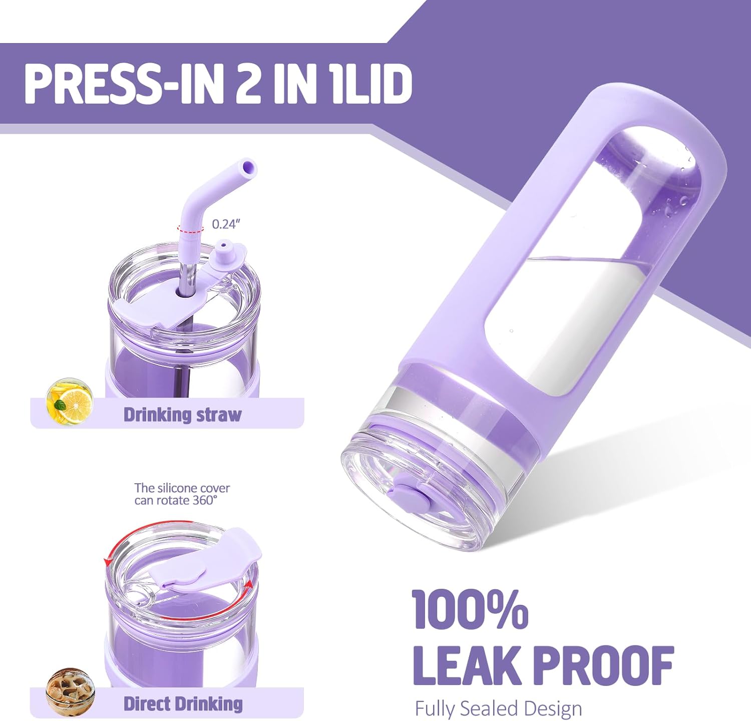 Kodrine 24oz Glass Tumbler with 2 Lids and Straws, Glass Cup With Bamboo Lid and On-the-go Lid, Reusable Iced Coffee Cup, Ideal for Smoothie, Cold Drinks, Fit Cup Holder, BPA Free (1, Purple)