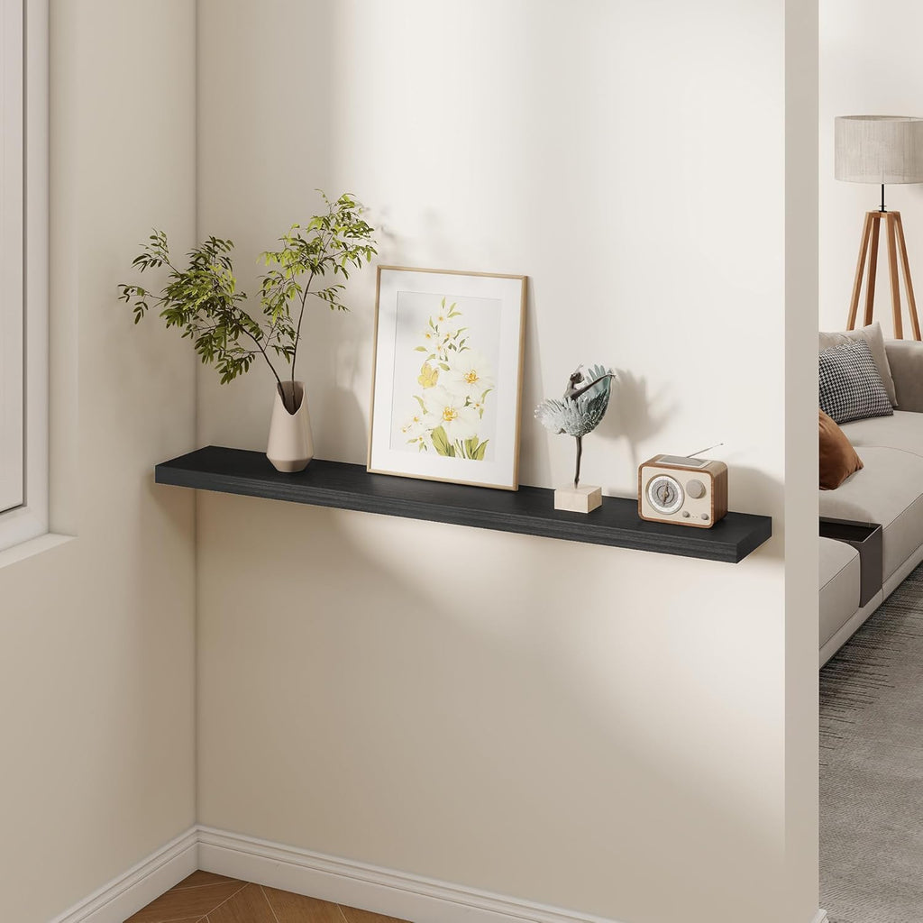 Fun Memories Rustic Real Wood Floating Shelves, 8 Inch Deep Floating Shelf Wall Mounted, 48" W x 8" D Wall Shelves Storage Shelves for Living Room, Bedroom, Bathroom, Black Finish, Set of 1