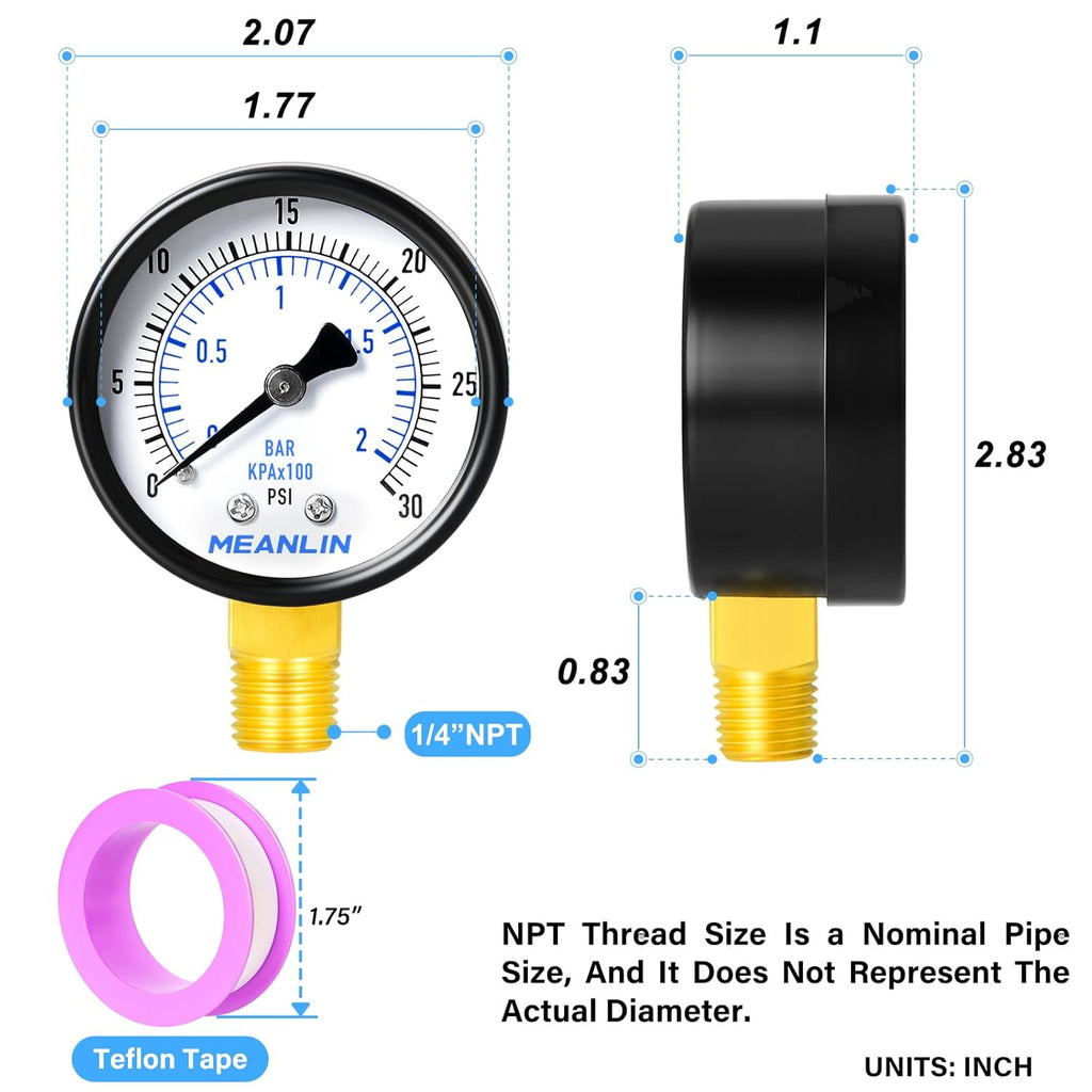 MEANLIN MEASURE 0-30Psi Well Pump Pressure Gauge 1/4" NPT 2" FACE DIAL for Pool Sand Filter Water Oil Air Pressure Test Lower Mount, with Teflon Tape