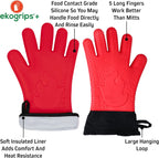 Ekogrips+ Premium Silicone Oven Mitts - Comfy, Waterproof, Heat Resistant BBQ Gloves for Grilling, Long Cuff for Added Protection, 5 Finger Dexterity, 3 Sizes, 4 Colors, S/M, Red