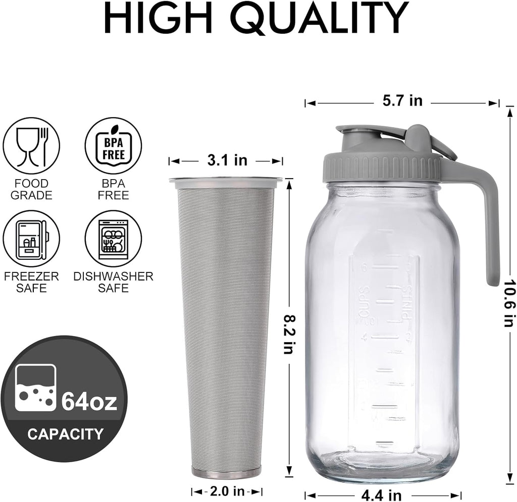 Cold Brew Mason Jar iced Coffee Maker, Durable Glass, - 64 oz (2 Quart / 1.9 Liter), With Handle& Stainless Steel Filter for Iced Brew Coffee, Lemonade, Ice Tea, Homemade Fruit Drinks Container