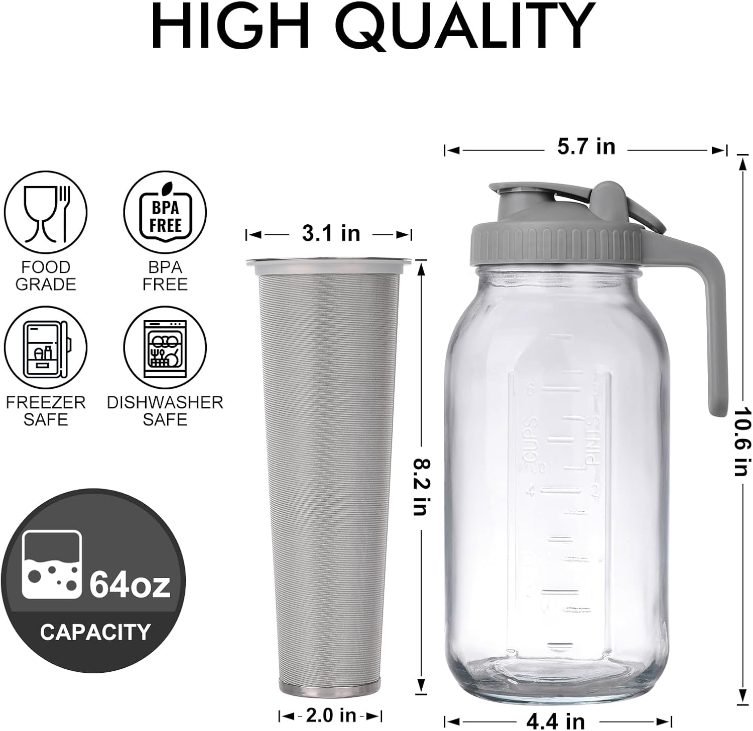 Cold Brew Mason Jar iced Coffee Maker, Durable Glass, - 64 oz (2 Quart / 1.9 Liter), With Handle& Stainless Steel Filter for Iced Brew Coffee, Lemonade, Ice Tea, Homemade Fruit Drinks Container