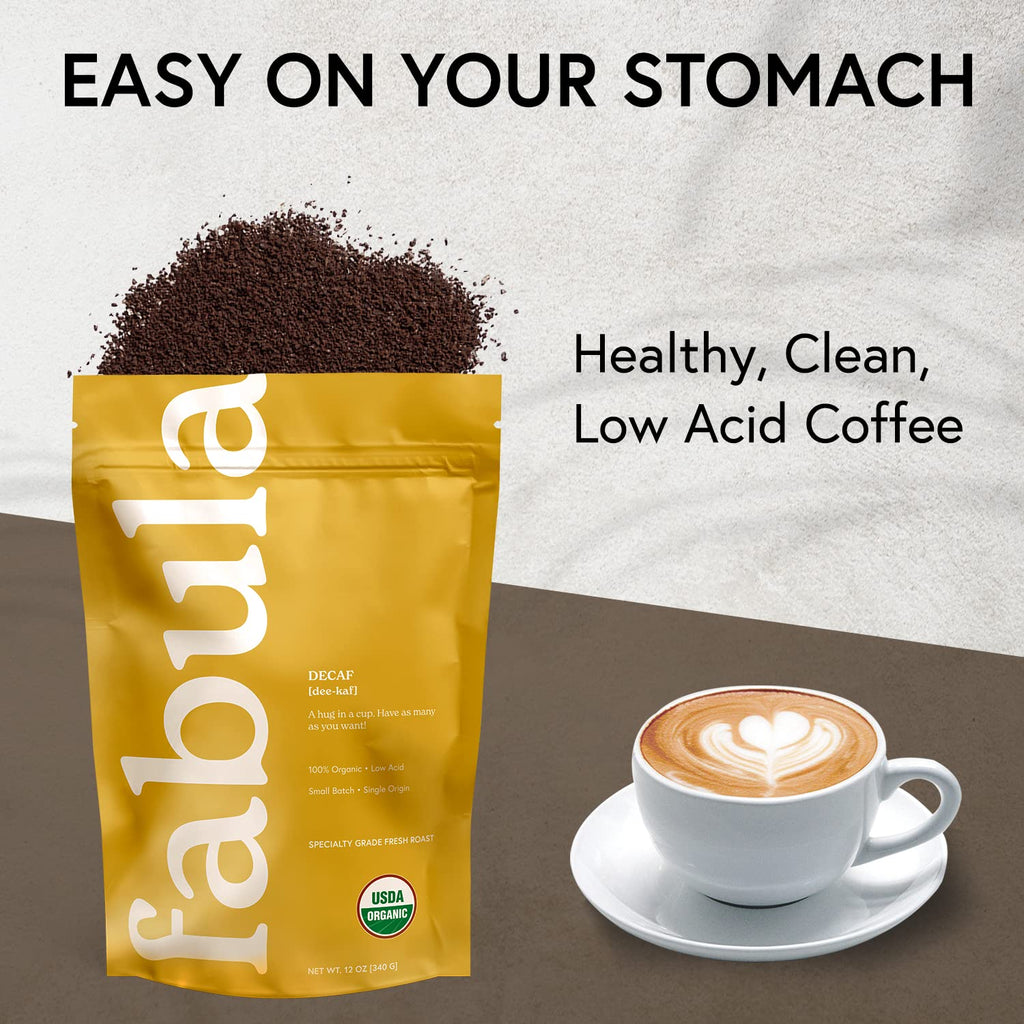 Fabula Low Acid Decaf Coffee Ground, USDA Organic Coffee Medium Roast - Single Origin - Non-GMO - No Molds - Mycotoxins Pesticides Free Coffee - 12 Oz