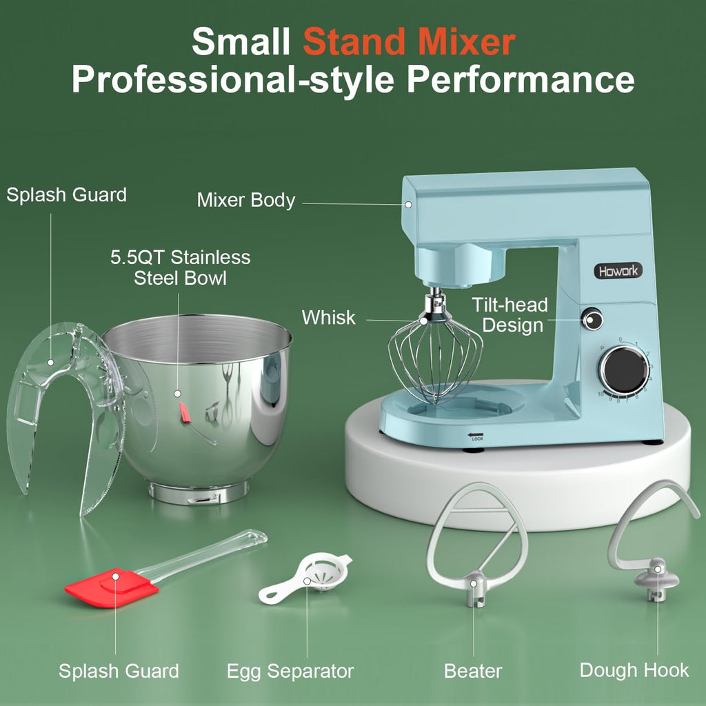 HOWORK Stand Mixer,10+p Speeds With 5.5QT Stainless Steel Bowl,Dough Hook, Wire Whip & Beater,for Most Home Cooks,Blue