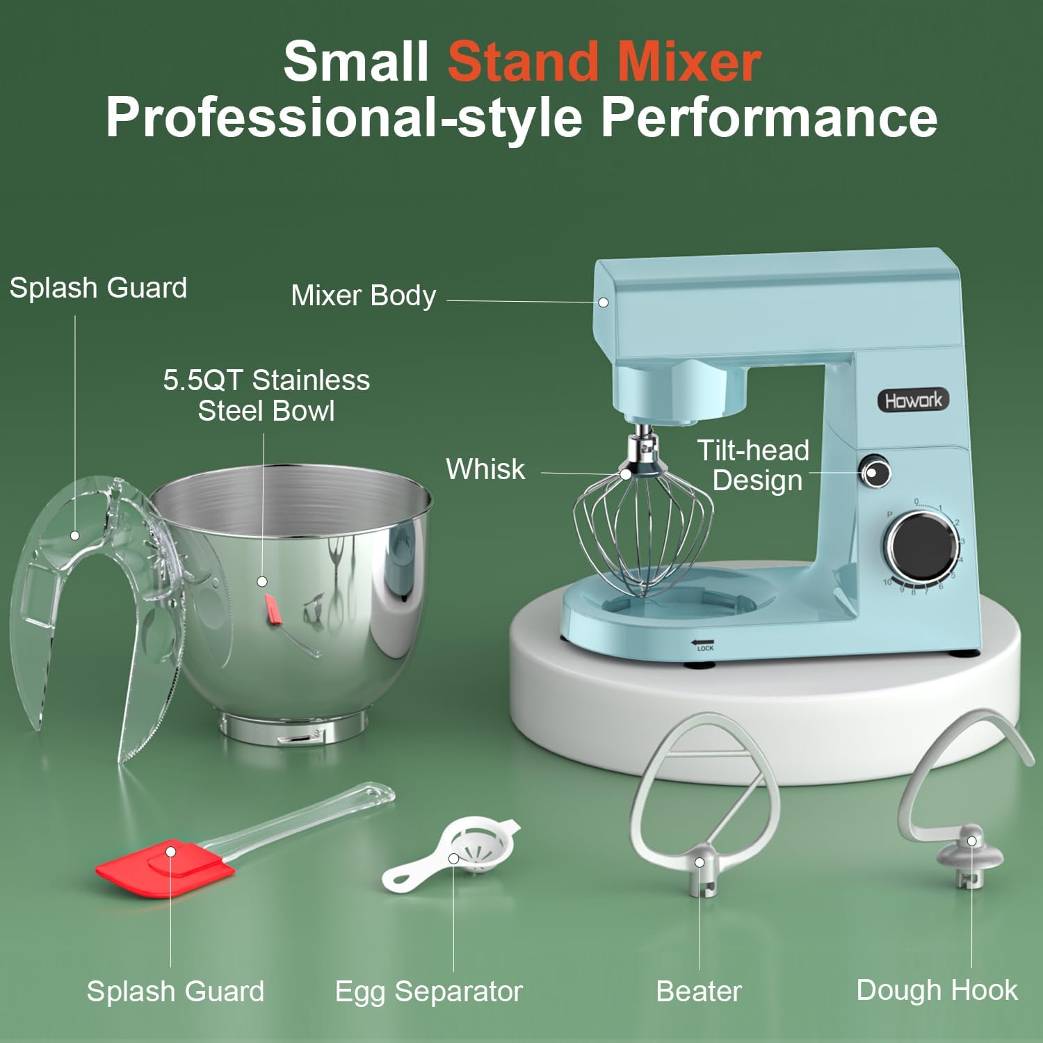 HOWORK Stand Mixer,10+p Speeds With 5.5QT Stainless Steel Bowl,Dough Hook, Wire Whip & Beater,for Most Home Cooks,Blue