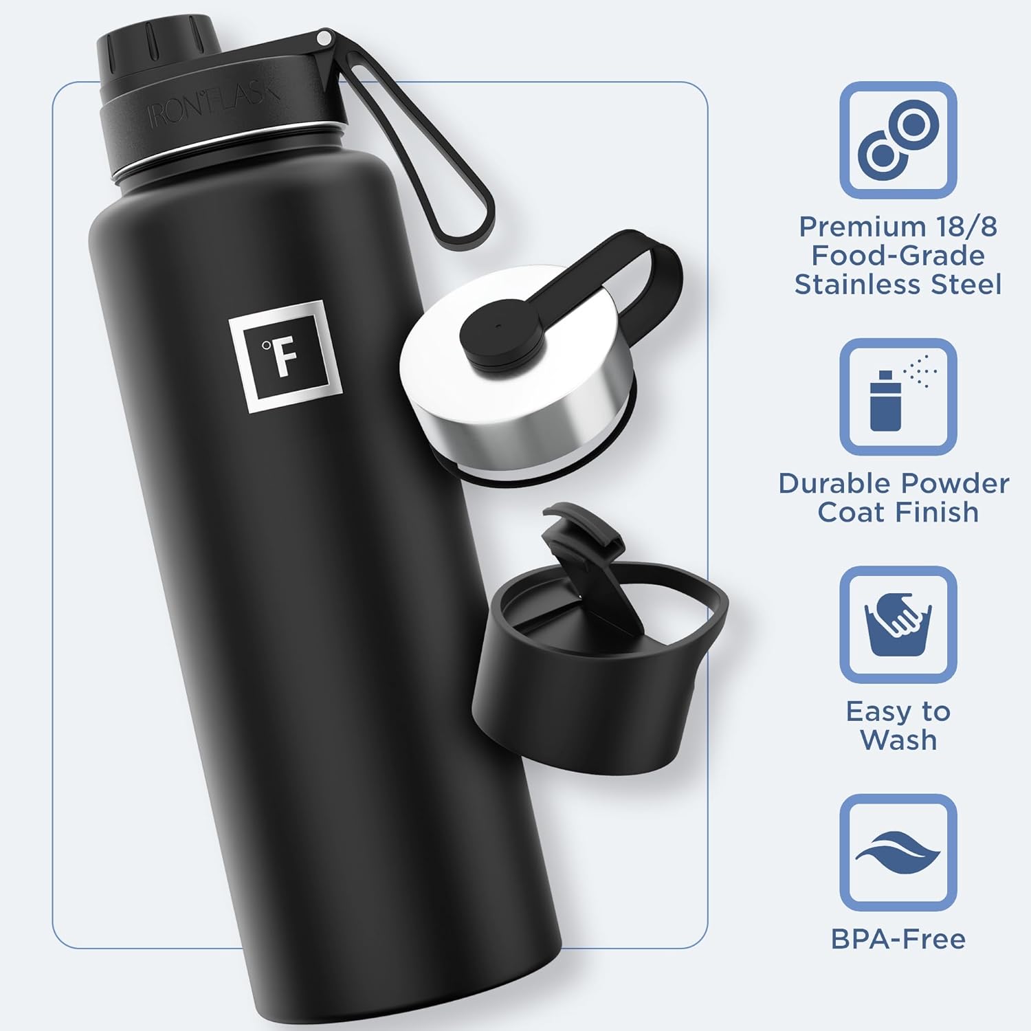 IRON °FLASK Camping & Hiking Hydration Flask with 3 Lids - Stainless Steel, Double Walled & Vacuum Insulated Water Bottle - Leak Proof & BPA Free (Morning Mist, Spout - 40 oz)