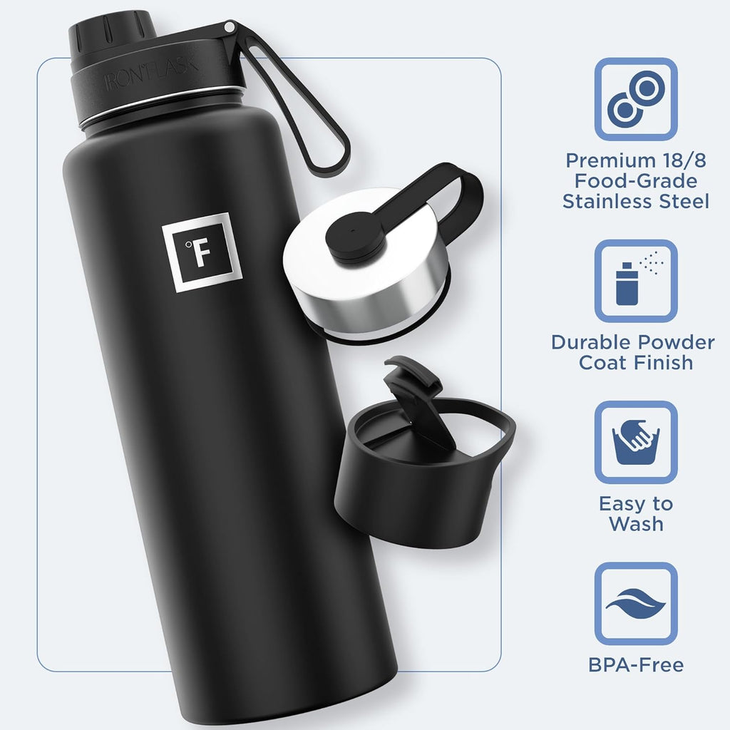 IRON °FLASK Camping & Hiking Hydration Flask with 3 Lids - Stainless Steel, Double Walled & Vacuum Insulated Water Bottle - Leak Proof & BPA Free (Blue Waves, Spout - 40 oz)