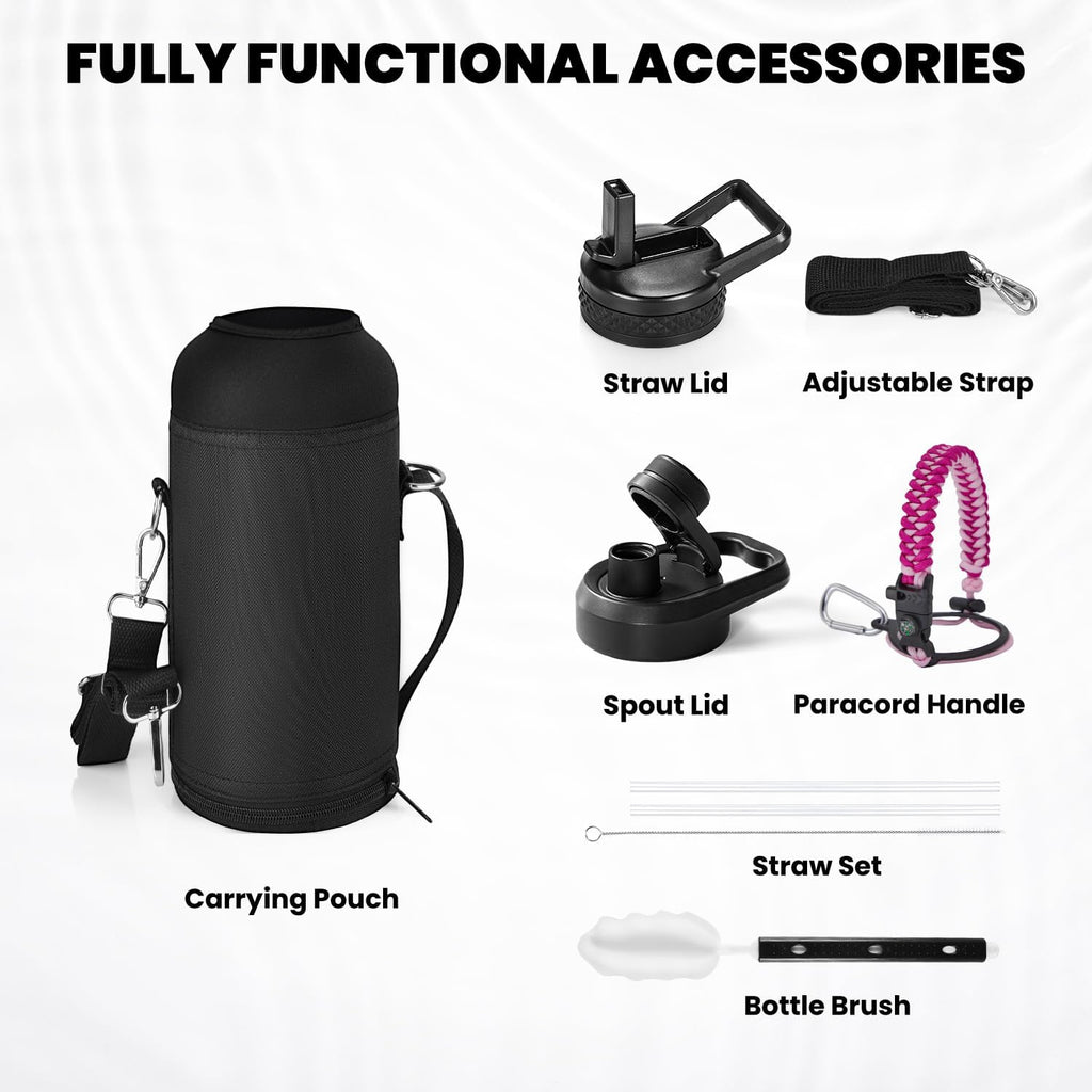 Insulated Water Bottle 32 oz, Triple Wall Vacuum Stainless Steel (Cold for 48 Hrs), Leak Proof & Non-BPA, Modern Water Flask Jug with Paracord Handle & Straw Spout Lids, Ombre Pink