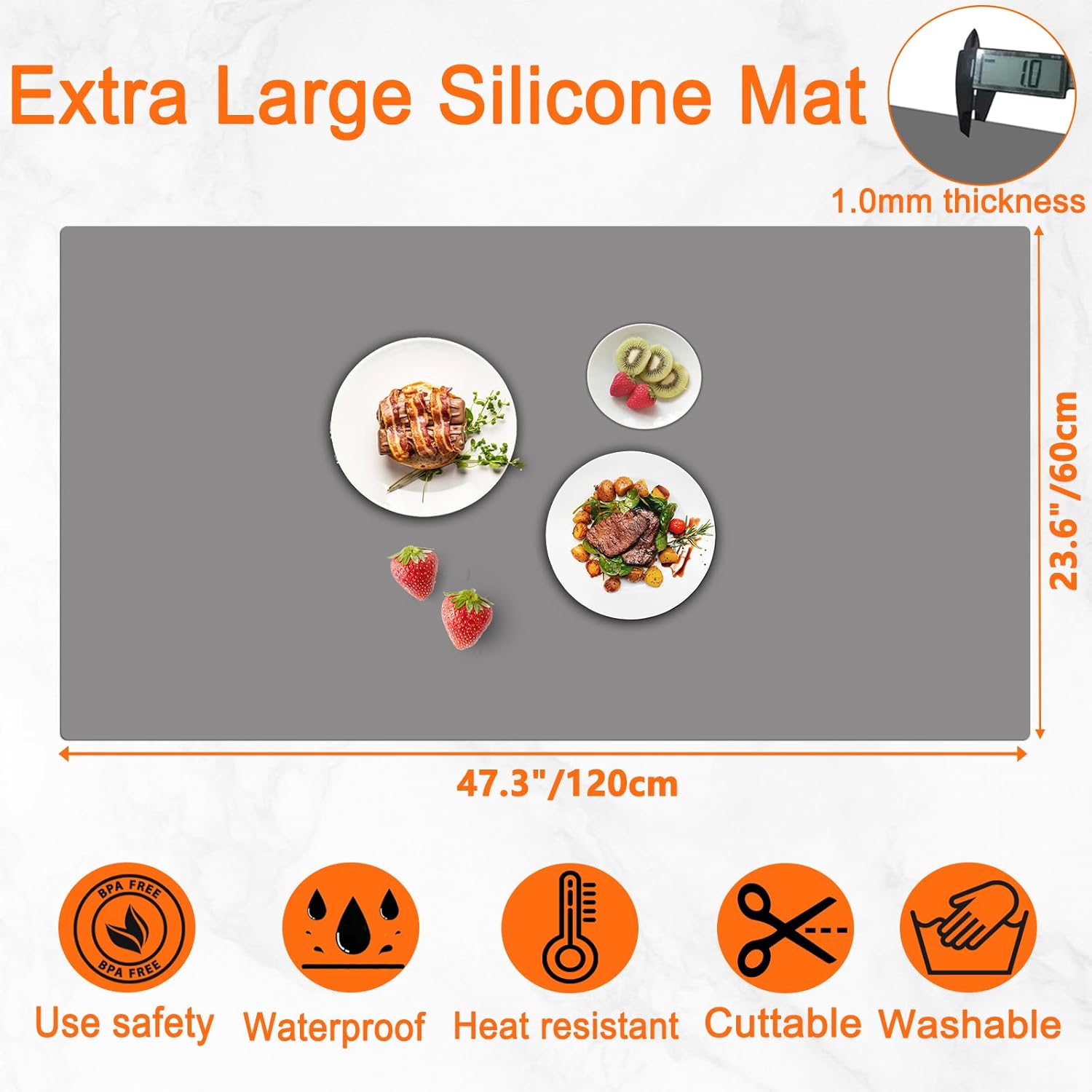 47.3''x23.6''(120cmx60cm) Extra Large Silicone Mat for Kitchen Counter, Heat Resistant Countertop Protector, Non-Slip Waterproof Kitchen Island Mat, Easy to Clean, Black