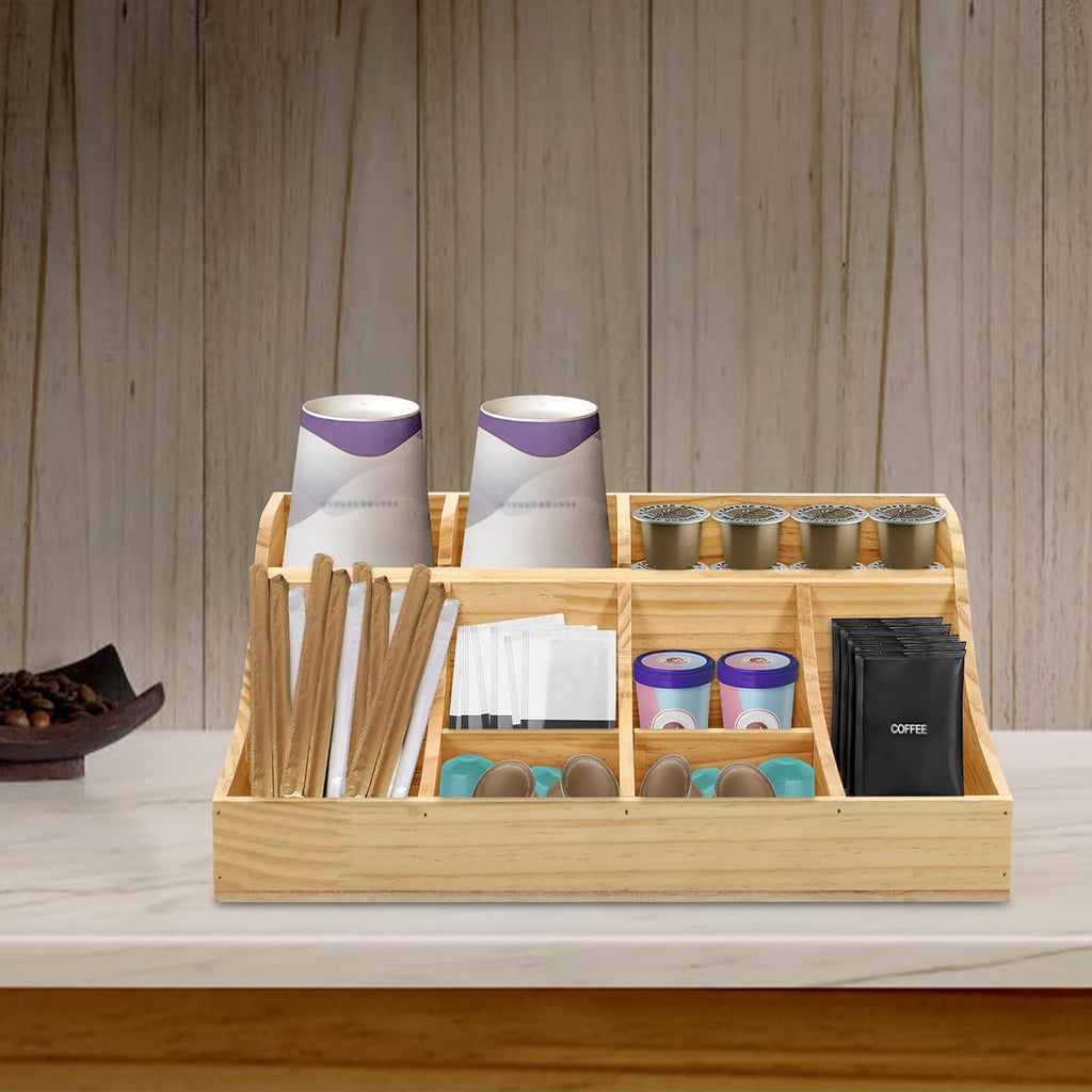 Coffee Bar Organizer for Countertop, Wooden Condiment Organizer Coffee Station Organizer Coffee Cup Pod Holder, Coffee Bar Organizer for Home Office Cafe, 9 Compartment, Wood Color