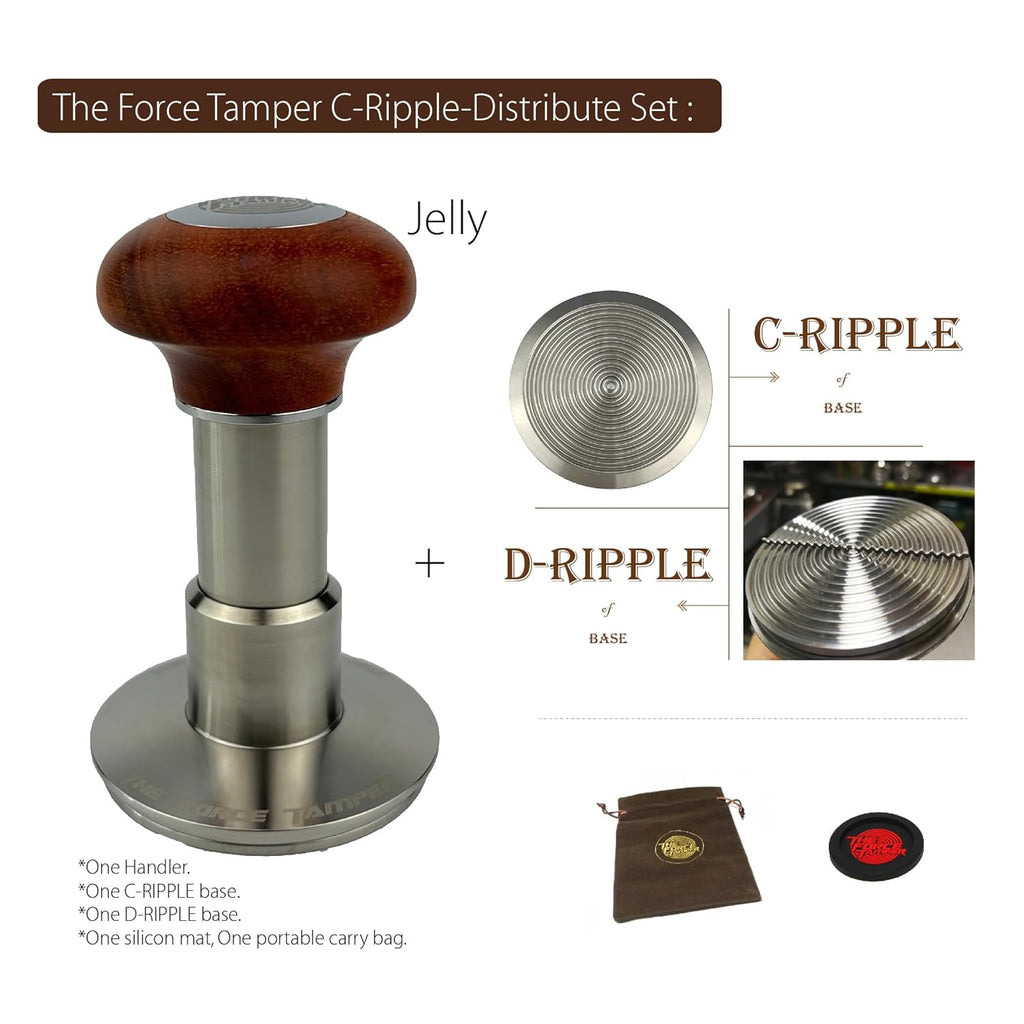 The Force Tamper Automatic Impact Adjustable Constant Pressure and Autoleveling Coffee Tamper Reddish Brown Jellyfish Wooden Handle Set Pro (C-Ripple Distribute Set, 58.50mm)