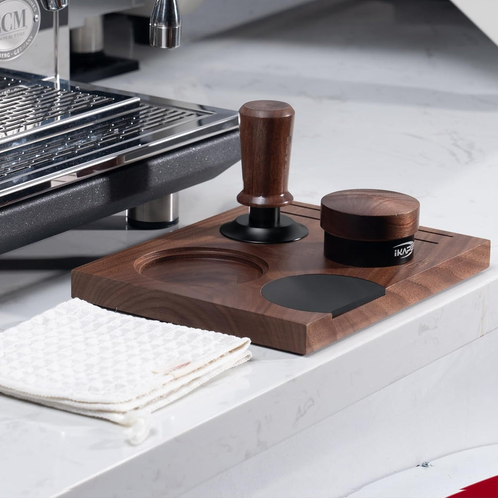 IKAPE 51MM Espresso Tamper Kit 5 IN 1, Elegant Wooden Espresso Tamper, Distributor Set with Tamper Base, Puck Screen, Cleaning Towel, Ideal for Coffee Enthusiasts, Made from Premium Walnut Wood