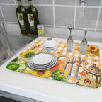 Autumn Maple Leaf Orange White Check Plaids Dish Drying Mat for Kitchen Counter,Fall Sunflower Pumpkin Drying Mat 18 x 24 Inch with Absorbent Reversible Microfiber Dish Drying Pad for Coffee Bar