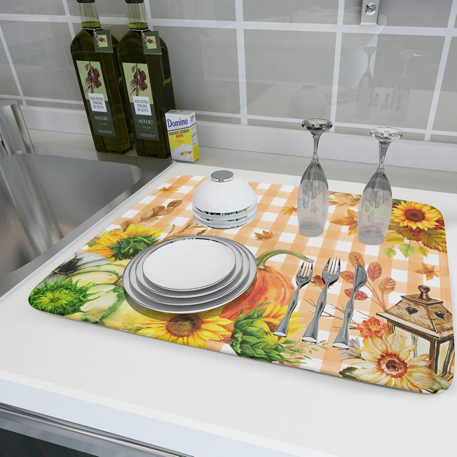 Autumn Maple Leaf Orange White Check Plaids Dish Drying Mat for Kitchen Counter,Fall Sunflower Pumpkin Drying Mat 18 x 24 Inch with Absorbent Reversible Microfiber Dish Drying Pad for Coffee Bar