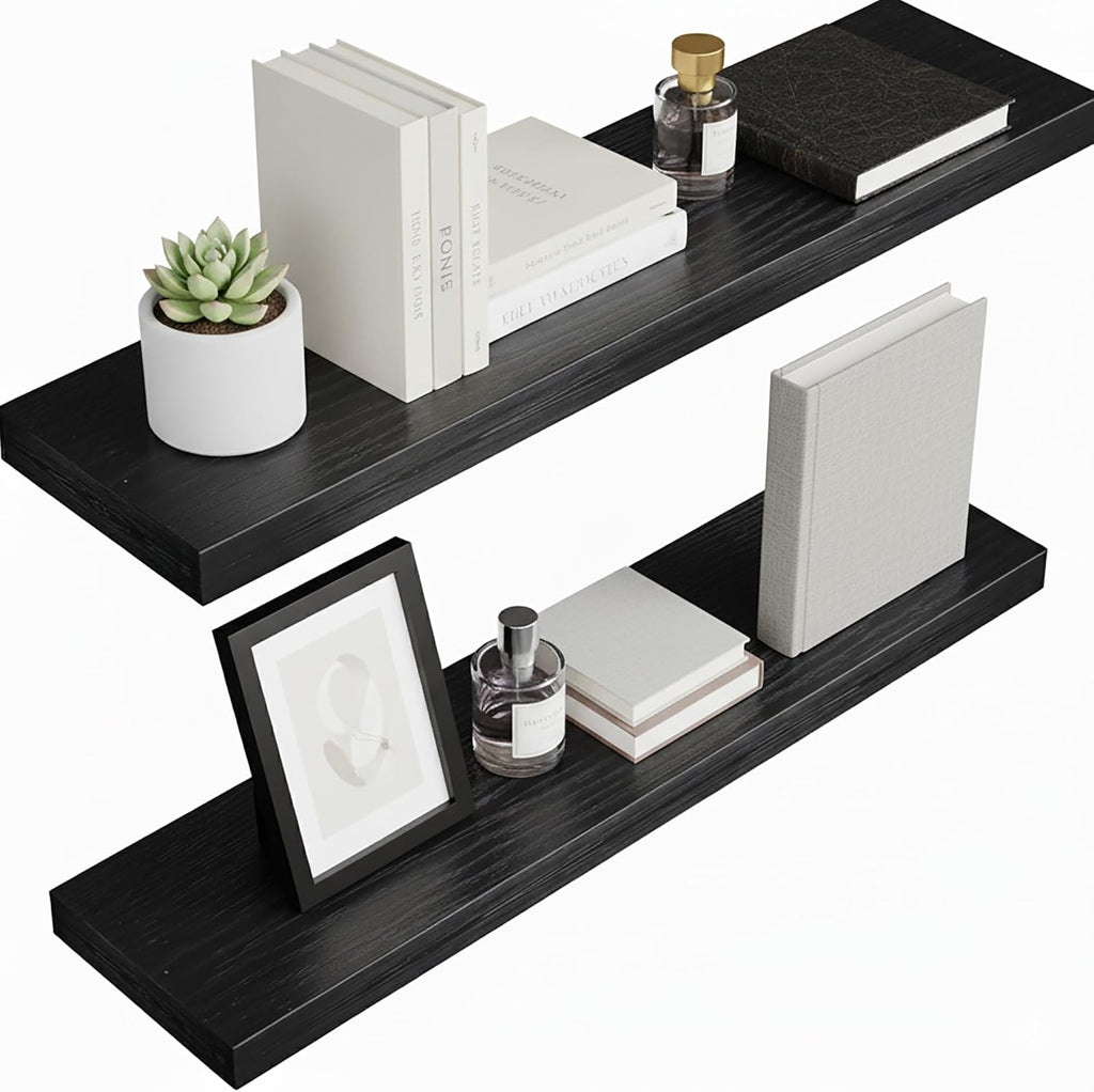 Lufia Floating Wall Shelves, Set of 2, MDF with Invisible Brackets, Modern Storage for Bedroom, Bathroom, Living Room, Kitchen (Black, 28" W X 7" D X 1.5" H)