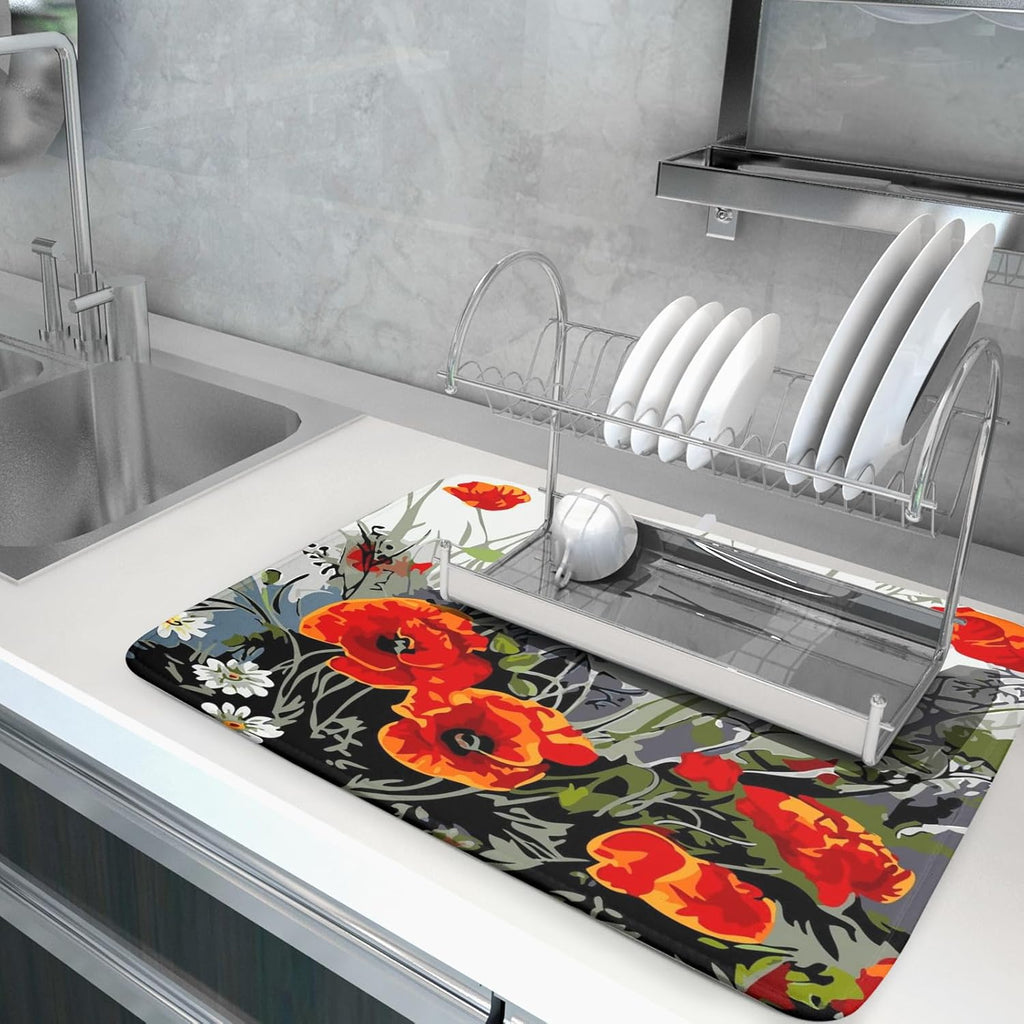 Poppy Dish Drying Mat 18x24 inch for Kitchen Vintage Red Orange Floral Dish Drying Pad Oil Painting Flower Dish Drainer Mats Absorbent Microfiber Protector for Countertop Coffee Bar