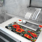 Poppy Dish Drying Mat 18x24 inch for Kitchen Vintage Red Orange Floral Dish Drying Pad Oil Painting Flower Dish Drainer Mats Absorbent Microfiber Protector for Countertop Coffee Bar