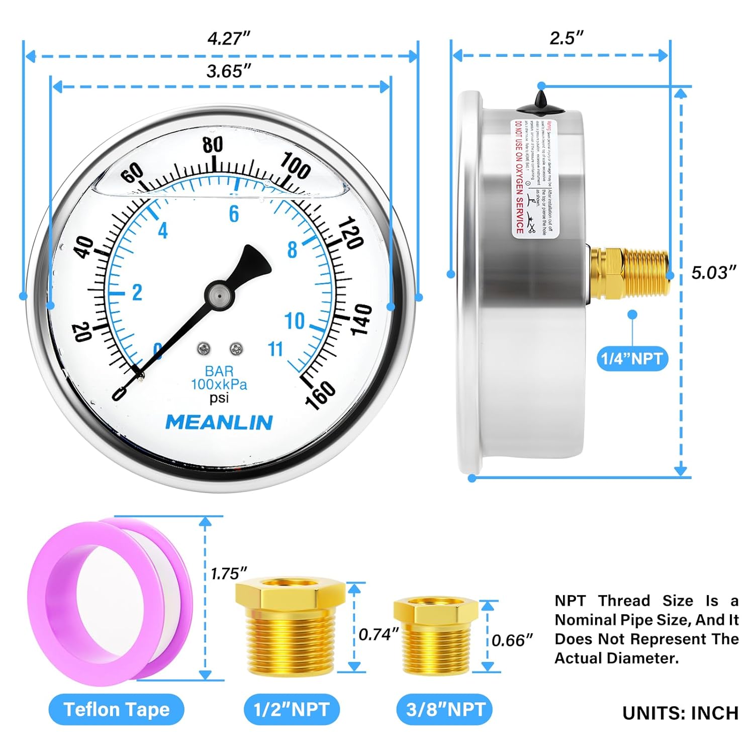 MEANLIN MEASURE 0~160Psi Stainless Steel 1/4" NPT 4" FACE DIAL Liquid Filled Pressure Gauge WOG Water Oil Air Back Mount, with 1/4" x 1/2" NPT and 1/4" x 3/8" NPT Hex Bushing