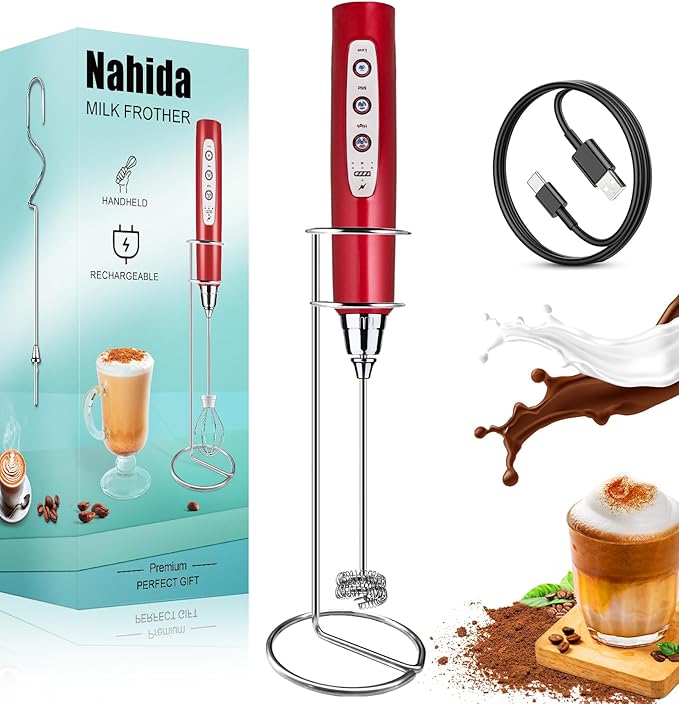 Nahida Rechargeable Milk Frother Wand for Coffee Include Stand - Red