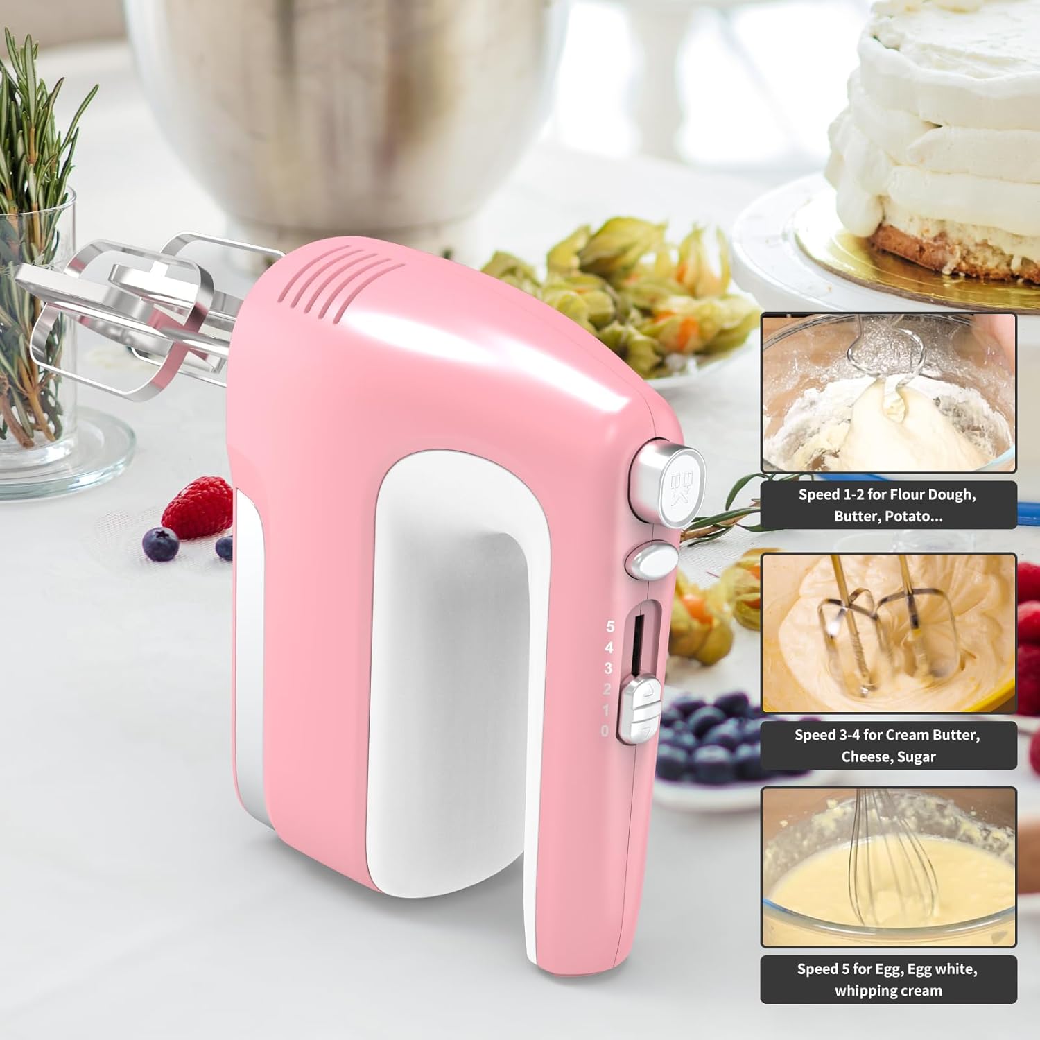 CBQ Hand Mixer Electric, 5-Speed 400W Powerful Motor, Hand Mixer Electric Handheld with Storage Case, Turbo Boost and 5x Accessories, Flat Beaters, Dough Hooks, Whisk (Pink)