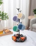 Coffee Mug Holder for Countertop, Mug Tree with Bird's Nest Storage Basket, Holds 4 Large Mugs (20oz Compatible), Whimsical Kitchen Decor, Coffee Bar Accessories (Black)