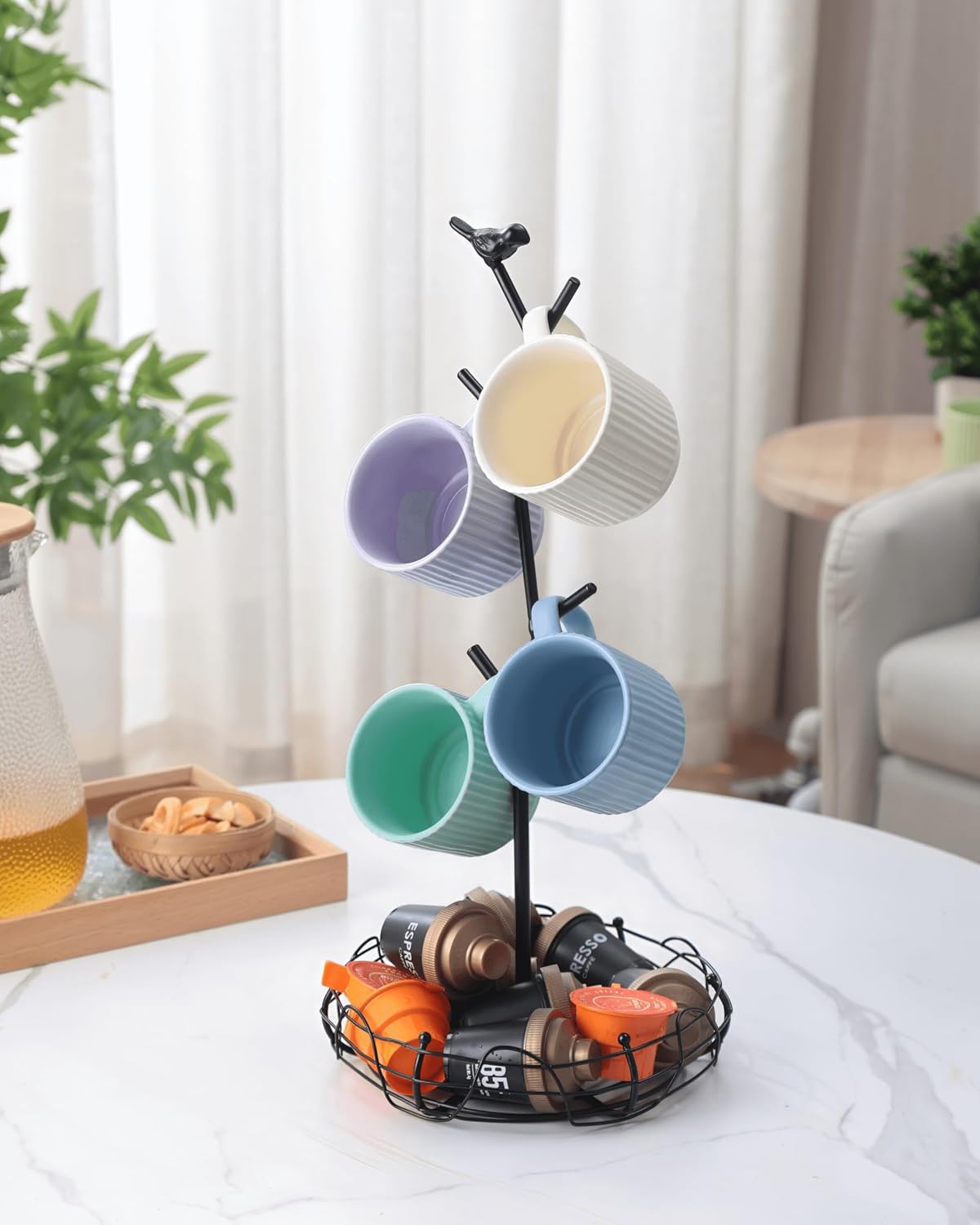 Coffee Mug Holder for Countertop, Mug Tree with Bird's Nest Storage Basket, Holds 4 Large Mugs (20oz Compatible), Whimsical Kitchen Decor, Coffee Bar Accessories (Black)