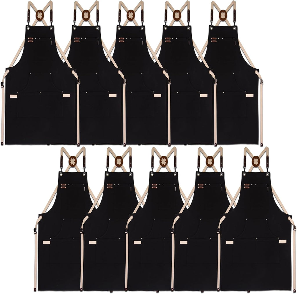 10 Pack Kitchen Aprons, Work Apron, Canvas, Multiple Pockets, Gardening, Painting, BBQ, Artist, Carpenter, Sizes M to XXL, Black